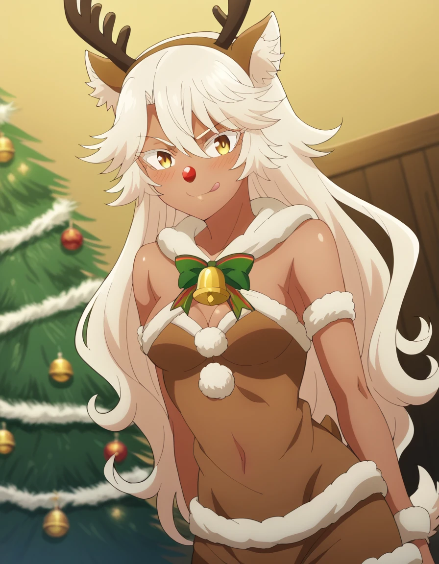 score_9, score_8_up, score_7_up, source_anime, <lora:granart-needakitta-s1-ponyxl-lora-nochekaiser:1>, granart needakitta, long hair, blonde hair, animal ears, medium breasts, yellow eyes, white hair, cat ears, dark skin, dark-skinned female, anime screencap,, <lora:reindeer-costume-ponyxl-lora-nochekaiser:1>, reindeer costume, animal costume, reindeer antlers, antlers, fake antlers, reindeer hood, christmas, red nose, deer ears, deer tail, christmas tree, bell, horns, reindeer,, blush, smile, tongue out, looking at viewer,, , dutch angle, cowboy shot