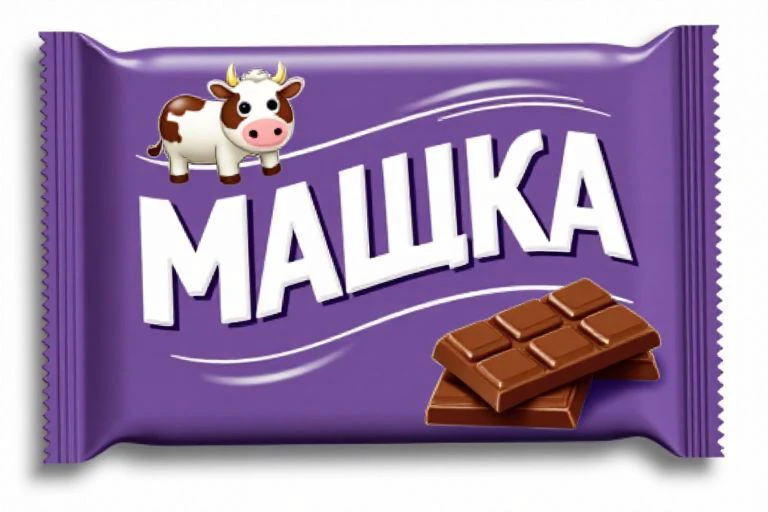 Big white text "MA!!!KA" on a pack of chocolate bar that looks like Milka bar. a cow on a bar