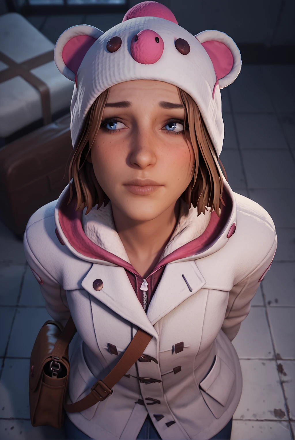 score_9, score_8_up, score_7_up, 1girl, max caulfield, short hair, blue eyes, brown hair, freckles, long sleeves, gloves, animal ears, fake animal ears, white headwear, hood down, red gloves, white coat, shoulder bag, winter clothes, animal hat, winter, pink gloves, hooded coat, winter coat, duffel coat, night, nervous, looks away, realistic, blush, sitting, from above, arms behind back, dark, abandoned hospital, floor, messy, dirt