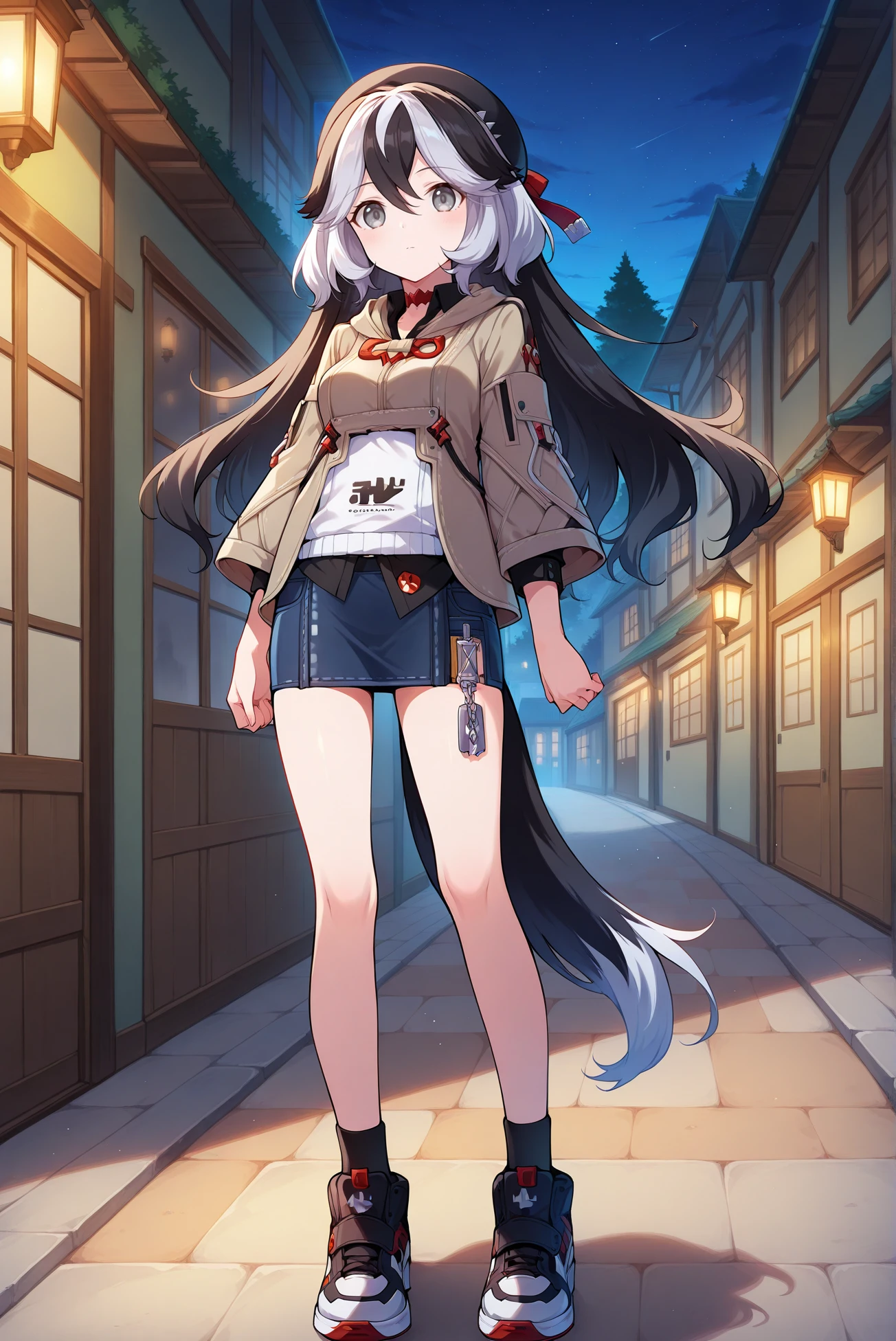 masterpiece, best quality, anime, 2d, 1girl, (petite, anime screencap:1.3), solo, hi3 coralie, <lora:Coralie-ILXL-V1:1>,
BREAK (two-tone hair, white hair, black hair, long hair, medium breasts, tail, animal ears:1.2),
BREAK (jacket, miniskirt, denim skirt, sneakers, black beret, sneakers:1.3),
BREAK (full body, standing:1.2), night, outdoors, (expressionless, grey eyes),