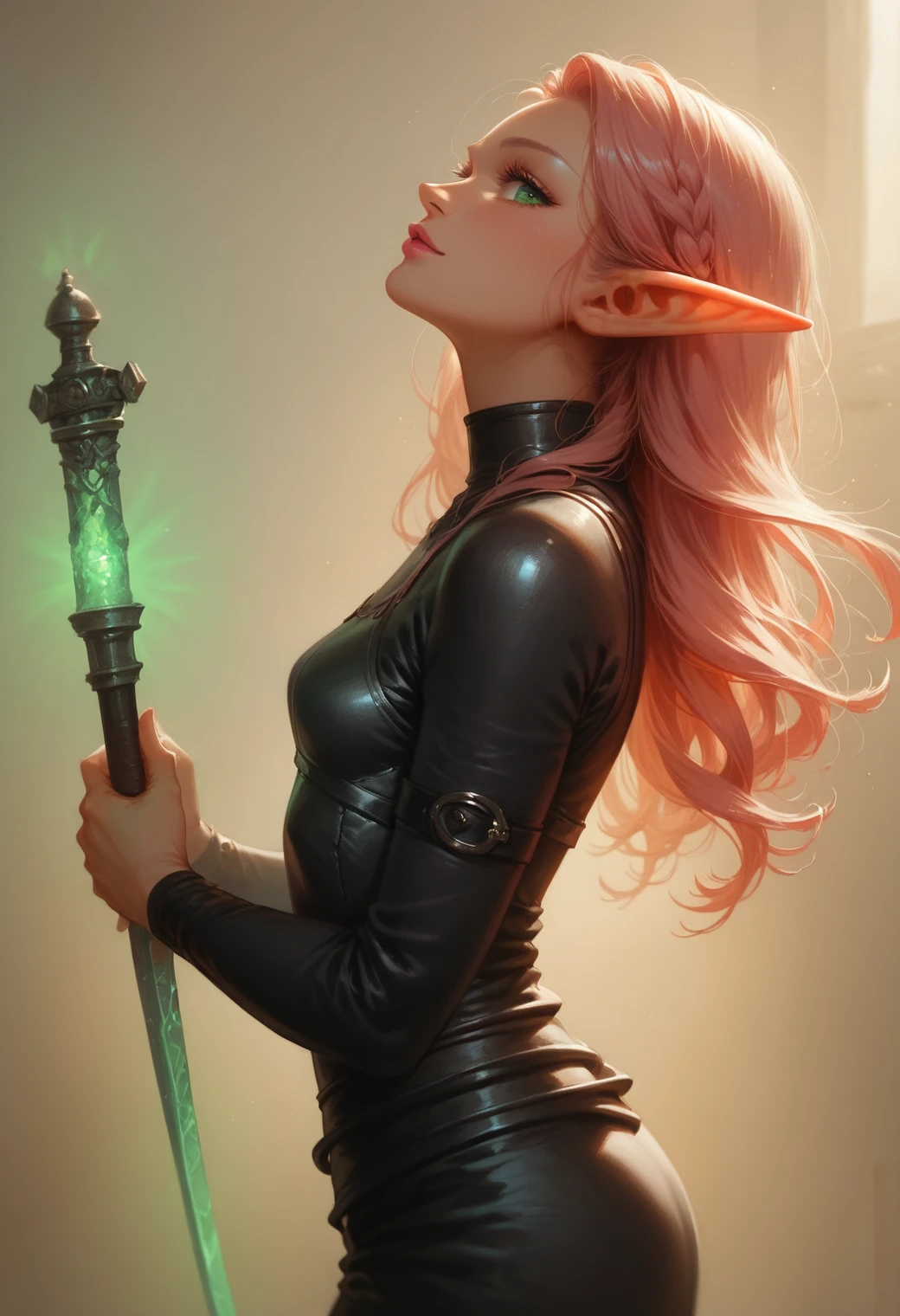 safe_pos, score_9, score_8_up, score_7_up, pov from the side, dynamic pose, beautiful, pink hair, female elf, glowing green eyes, long hair, small breasts, pink lipstick, dark black leather armor, holding enchanted shortsword, the sword is black with silver glowing details, dungeon background,
BREAK
(((full clothed))),  womn,<lora:Womnv2-000006:1>,  <lora:hand 5.5:0.75>