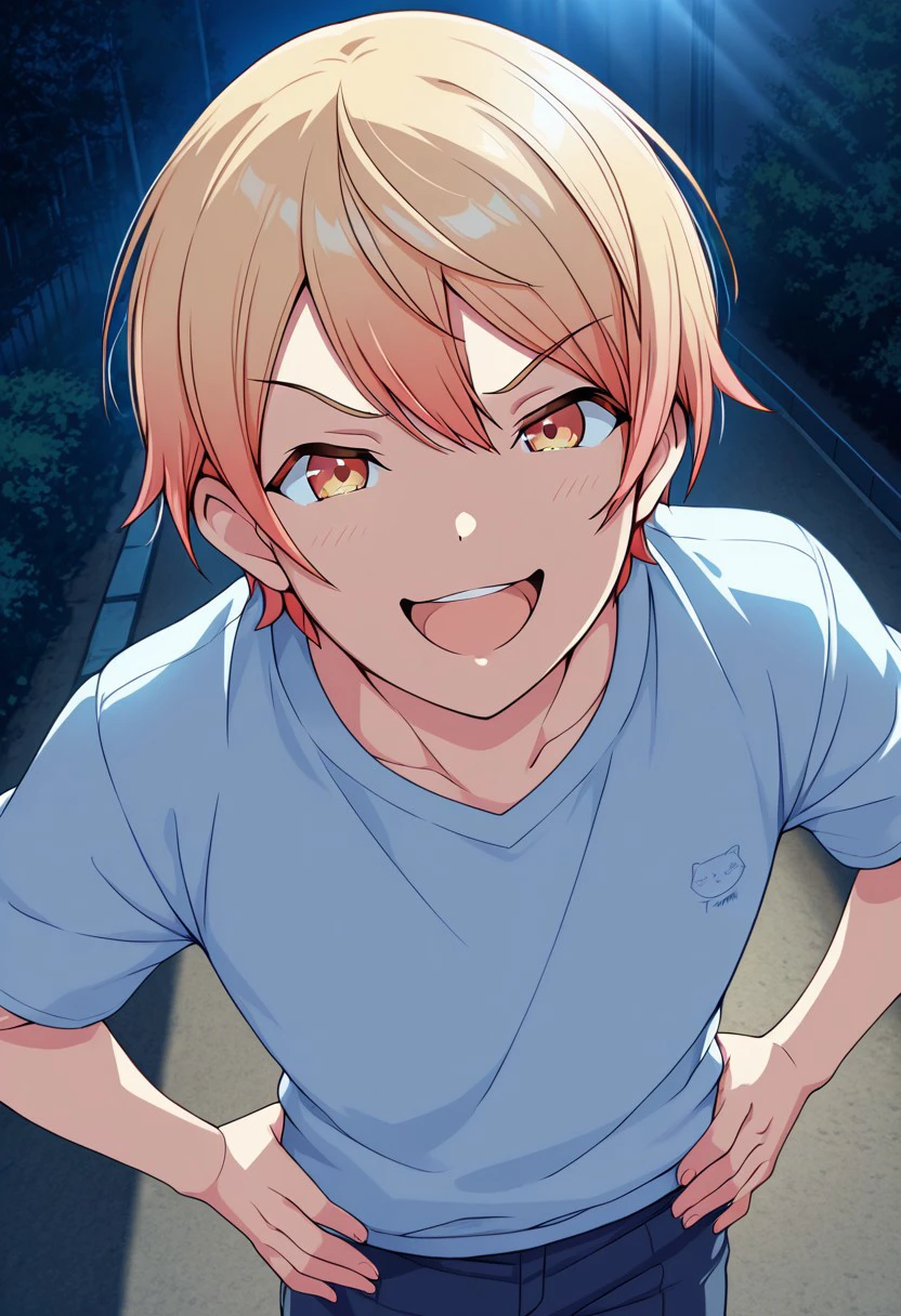 masterpiece, high res, 1boy, solo, tenma_tsukasa, smile, looking at viewer, open mouth, hands on hips, >:D, > eyebrows, smug, volumetric lighting, outdoors