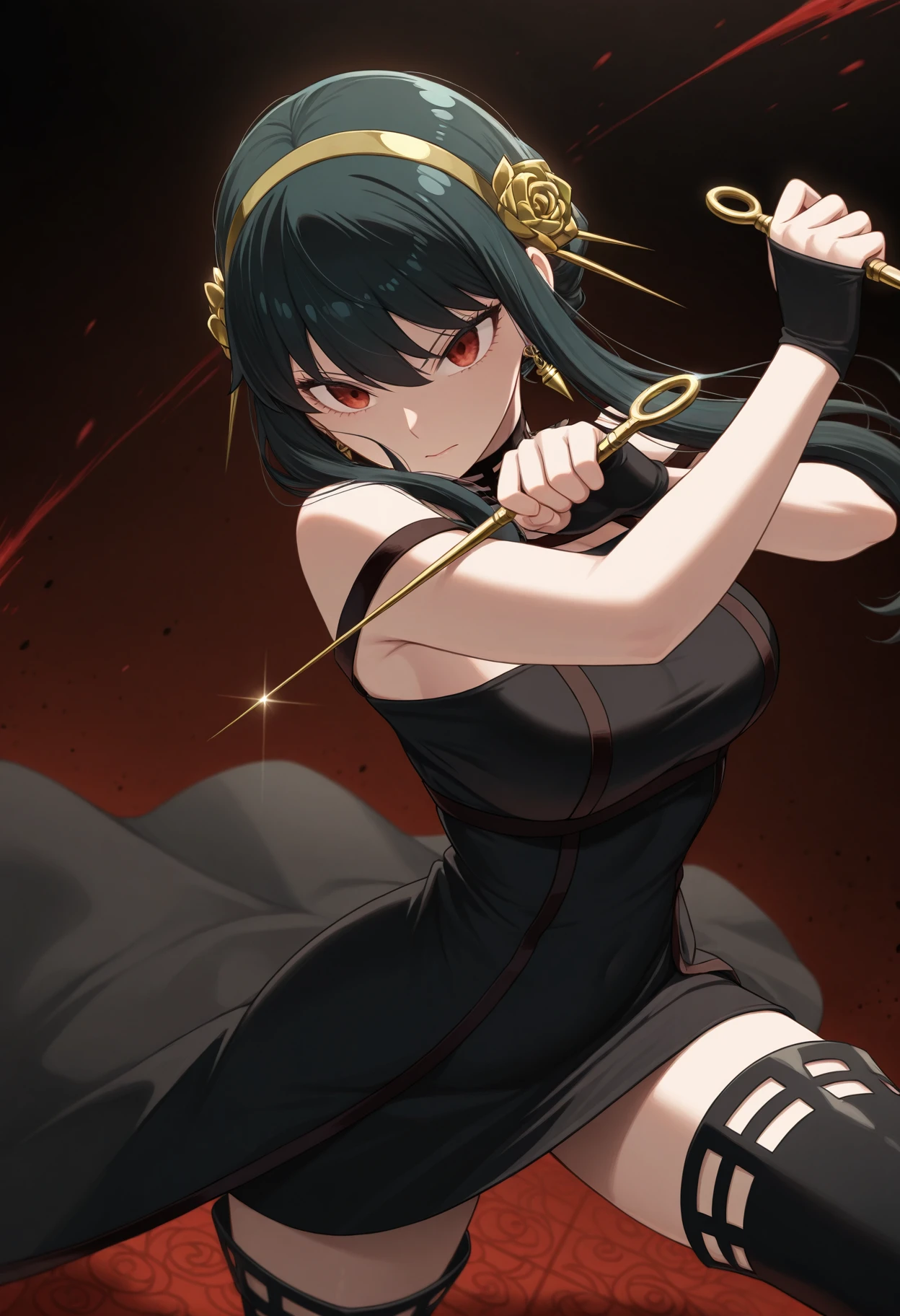 1girl, yor briar, spy x family, black dress, hair ornament,
evil. simple dark background, cowboy shot, holding knives, thighhighs, attack, fighting stance, dynamic pose, dutch angle,
general, masterpiece, best quality, very aesthetic,