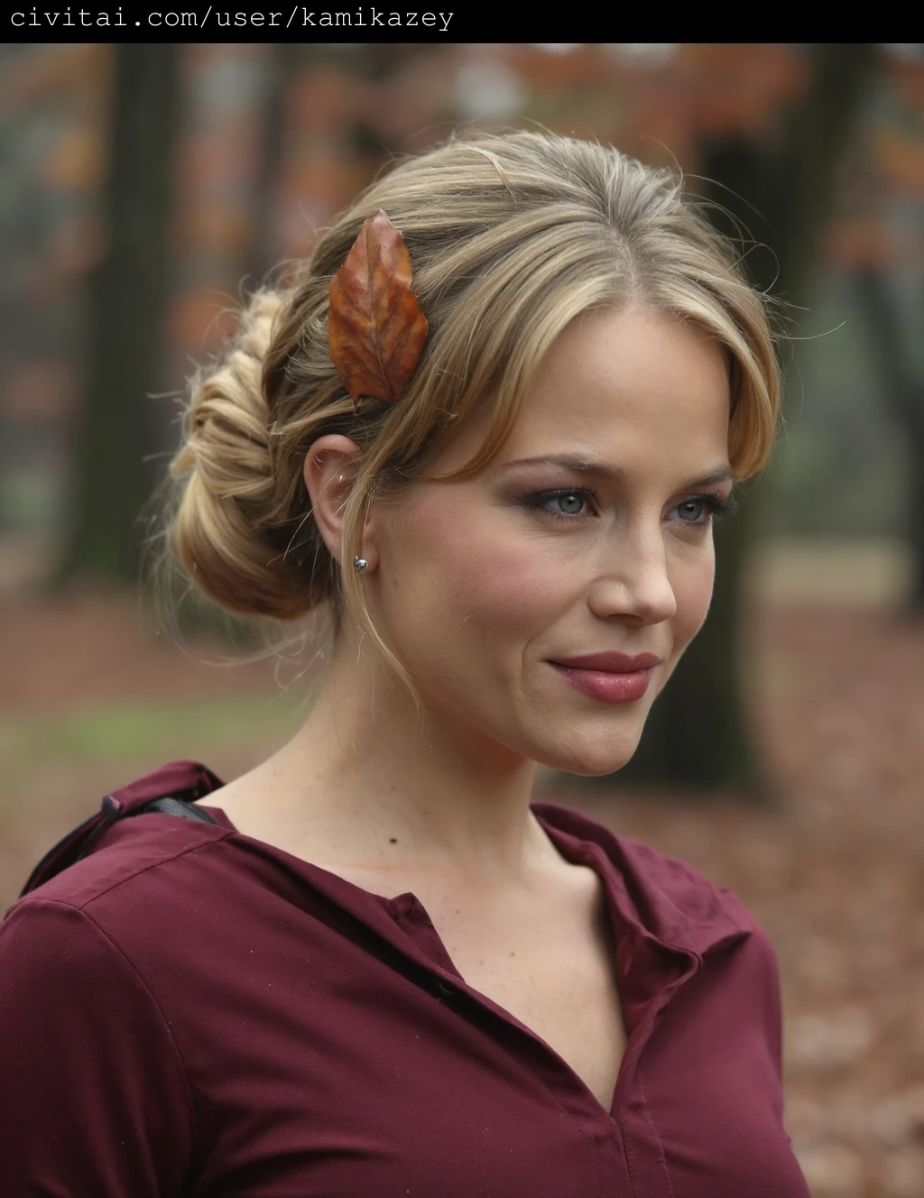 This is a high-resolution photograph of julie_benz with light skin and long, wavy, strawberry blonde hair styled in a messy top bun. She has large, expressive blue eyes and full lips painted with a deep, rich burgundy lipstick. Her facial features are delicate, with a slight pout, and her gaze is direct and intense, looking slightly to the left of the camera. She is wearing a deep maroon V-neck top, which adds a pop of color to her otherwise neutral-toned outfit.
The background is blurred, featuring an autumnal forest with a mix of brown and orange leaves, suggesting the season is late fall. The blurred trees and fallen leaves create a warm, cozy atmosphere. A small, dried brown leaf is attached to her hair, adding a touch of nature and whimsy to the composition. The photograph has a warm, natural light, enhancing the rich colors and textures of her hair and clothing. The overall mood of the image is serene and intimate, with a focus on the subject's natural beauty and the season's vibrant hues.