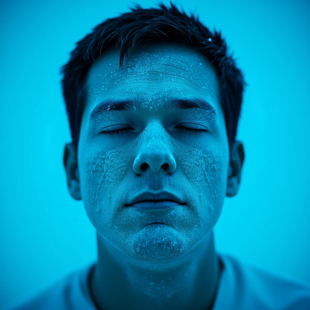 Hyperrealistic art of  <lora:Cryonics style v1:0.9>
Cryonics a frozen man with white ice powder on his face, movie themed, sharp, detailed background, epic cinematic photography, artistic style, dramatic light style, cinematic color style, Kodak 35mm film style, detailed style, Cryonics style, solo, simple background, 1boy, closed mouth, closed eyes, male focus, lips, eyelashes, colored skin, blue background, portrait, close-up, white skin, blue theme, realistic, blue skin, short hair, black hair
, Extremely high-resolution details, photographic, realism pushed to extreme, fine texture, incredibly lifelike