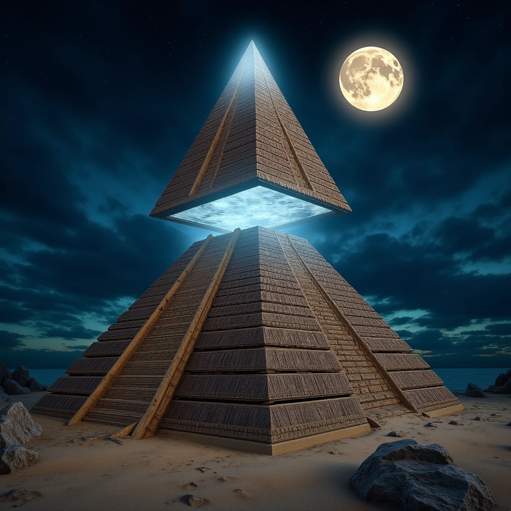 Hyperrealistic art of  <lora:science fiction star gate style v1:0.9>
In an ancient Egypt-like world a pyramid opening up from top into different layer, action, military, science fiction, movie themed, sharp, detailed, epic cinematic photography, artistic, dramatic light, cinematic color style, Kodak film style, Stargate style, outdoors, sky, water, ocean, moon, scenery, sand, solo, no humans, night, full moon, architecture, east asian architecture, Extremely high-resolution details, photographic, realism pushed to extreme, fine texture, incredibly lifelike