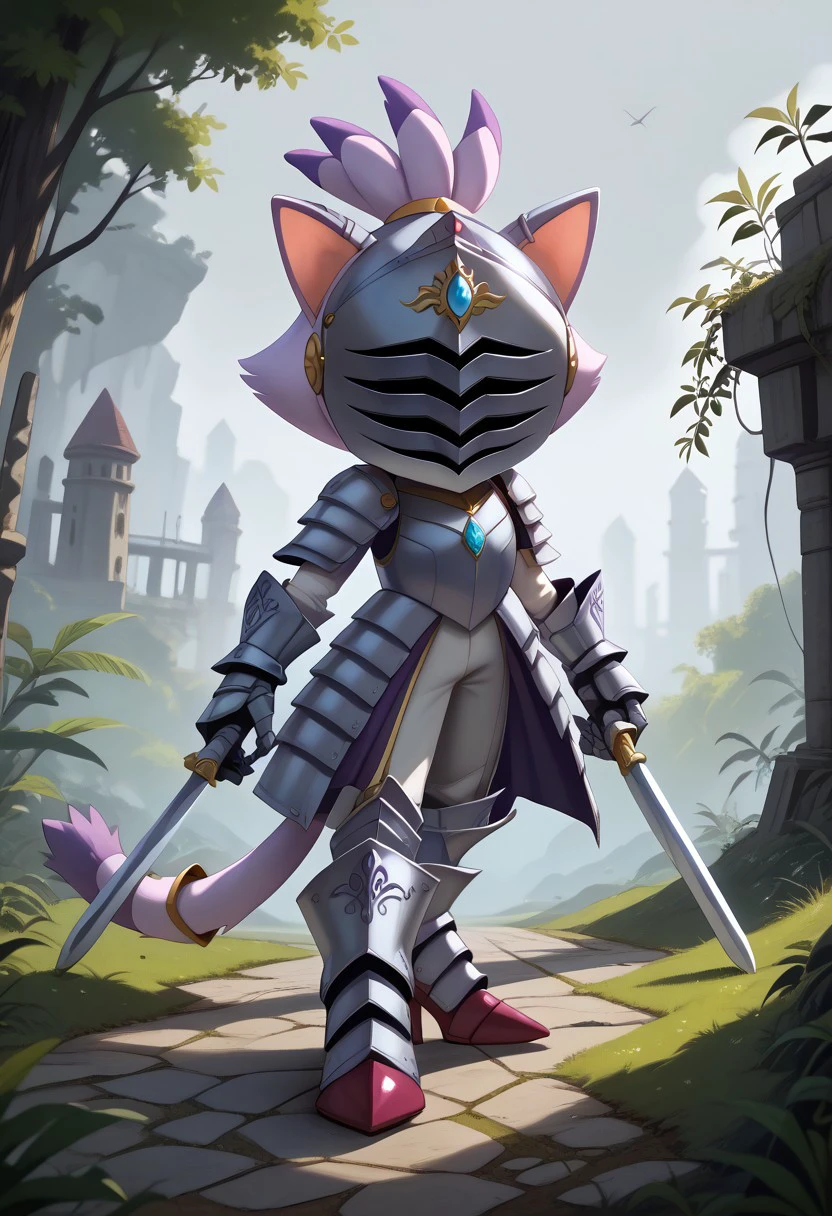 score_9, score_8_up, score_7_up, (best quality:1.1), ultra-detailed, high resolution, 8k, tall, 6ft tall, Sir Percival, Knight, purple skin, gray helmet, knight armor, iron armor, gray metal gloves, dark pink heels, blue gem in forehead, cat tail, cat ears, holding sword, single silver Sword, forest, ruins, gray sky, BREAK outside, Rich, Detailed background, ambient light