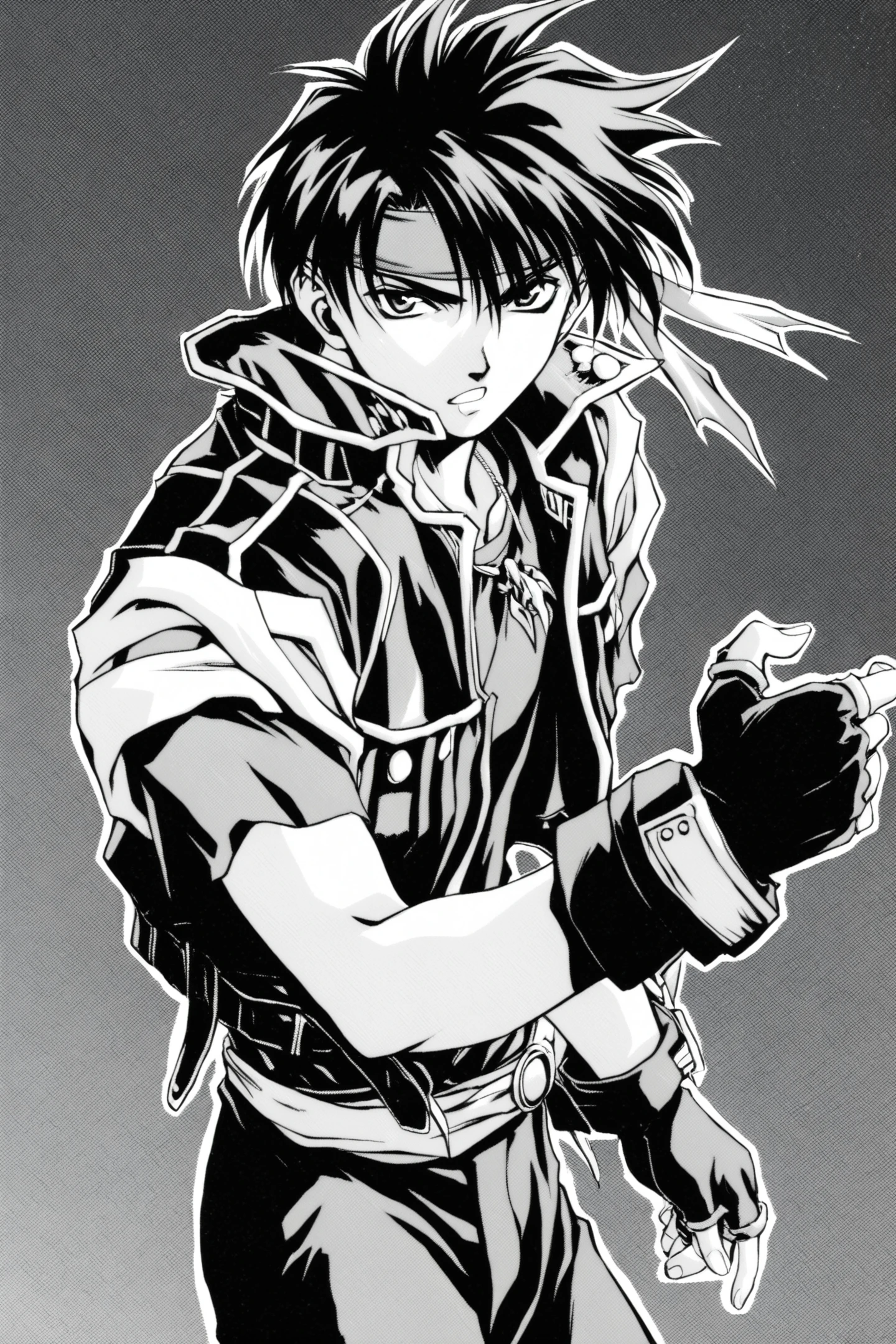 Orphen,monochrome,1boy,greyscale,male focus,solo,headband,gloves,fingerless gloves,looking at viewer,
<lora:Yuuya Kusaka_illustriousXL:0.8>,