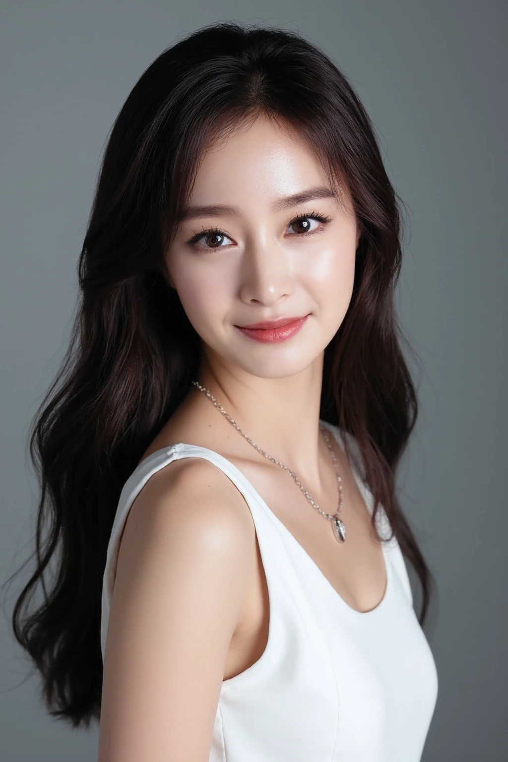 (medium full shot), beautiful korean girl with gentle smile, dark eyeshadow and eyeliner, red lips, long wavy hair , wearing white sleeveless dress,  gray background, studio lighting, necklace, dslr, soft lighting, high quality, film grain,  light reflections, blood vessels,  pale skin, skin pores,blood vessels in sclera, detailed skin, beauty spots, skin fuzz, <lora:flux_realism_lora:1>,  <lora:makinaflux_kimtaehee_v1.0:1>