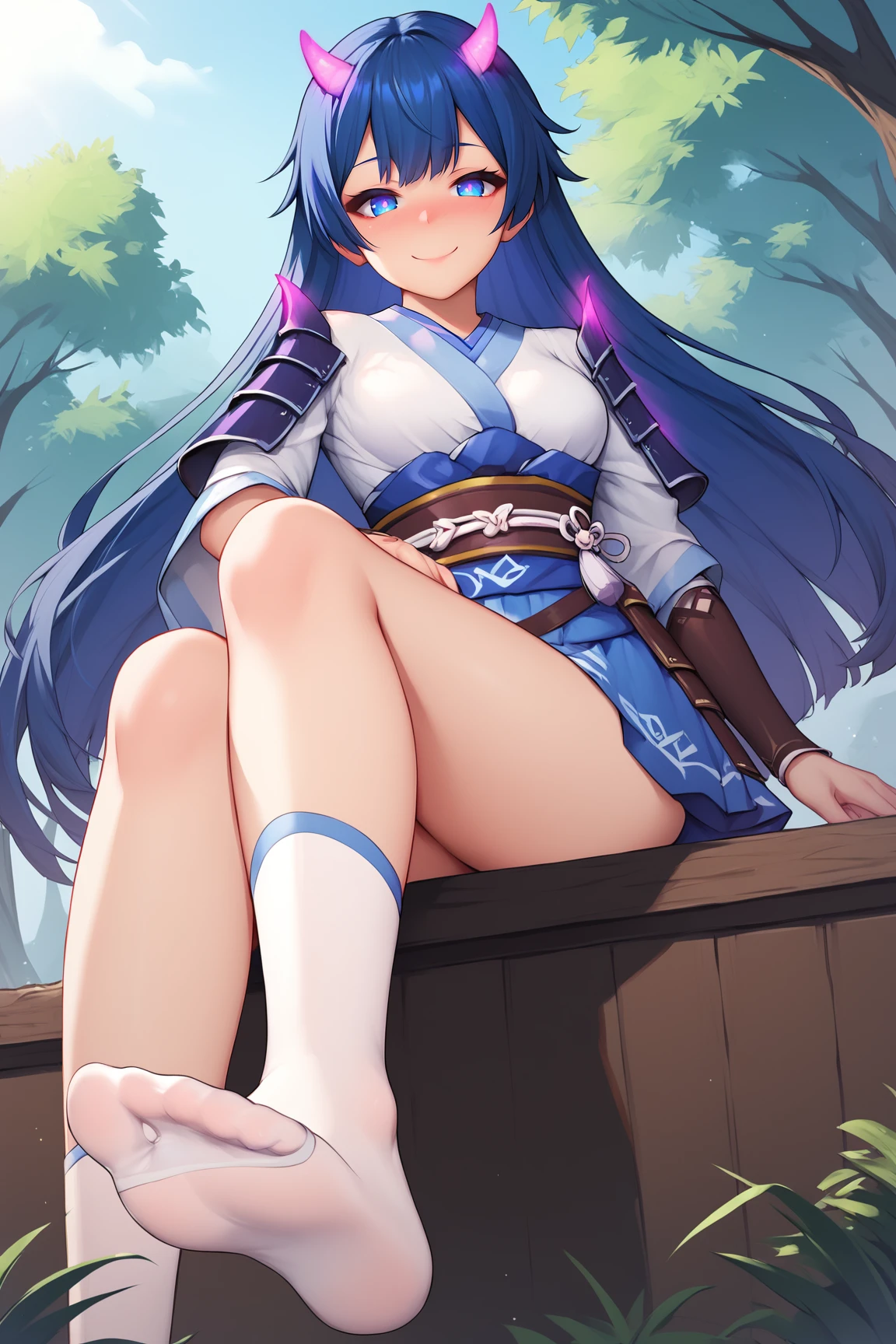 score_9, score_8_up, score_7_up, score_6_up, BREAK, SayaICPXL, blue eyes, blue hair, long hair, purple horns, glowing horns, short horns, bangs, medium breasts, shoulder armor, white japanese clothes, blue sash, white obi, brown guantlets, blue skirt, white socks, solo, full body, sitting, foot focus, (bellow view), seductive smile, looking at viewer, naughty face, nose blush, forest <lora:SayaICPXL:1>