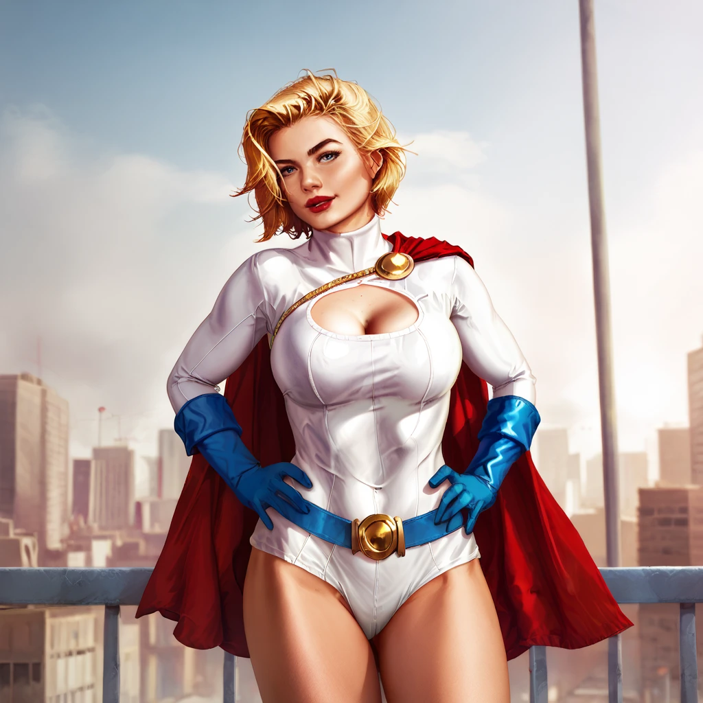 <lora:krysdecker_pony_v1:1> score_9, krysdecker_style, krysdecker, source_artwork  <lora:powergirl_pony_v1:0.8> powergirl, 1girl, large breasts, blonde hair, cleavage cutout, red cape, blue gloves, clothing cutout, blue eyes, leotard, superhero, belt, short hair, turtleneck, hands on hips