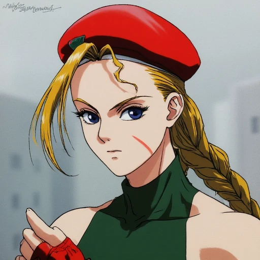 braided ponytail with a few strands falling loose. Her hair is adorned with a red beret, blonde hair styled in two braids, standing in front of a grand, braided pigtails with yellow tips, likely Chun-Li from the Street Fighter series. She is depicted in a dynamic, pale complexion. She has long, which are detailed with intricate patterns.