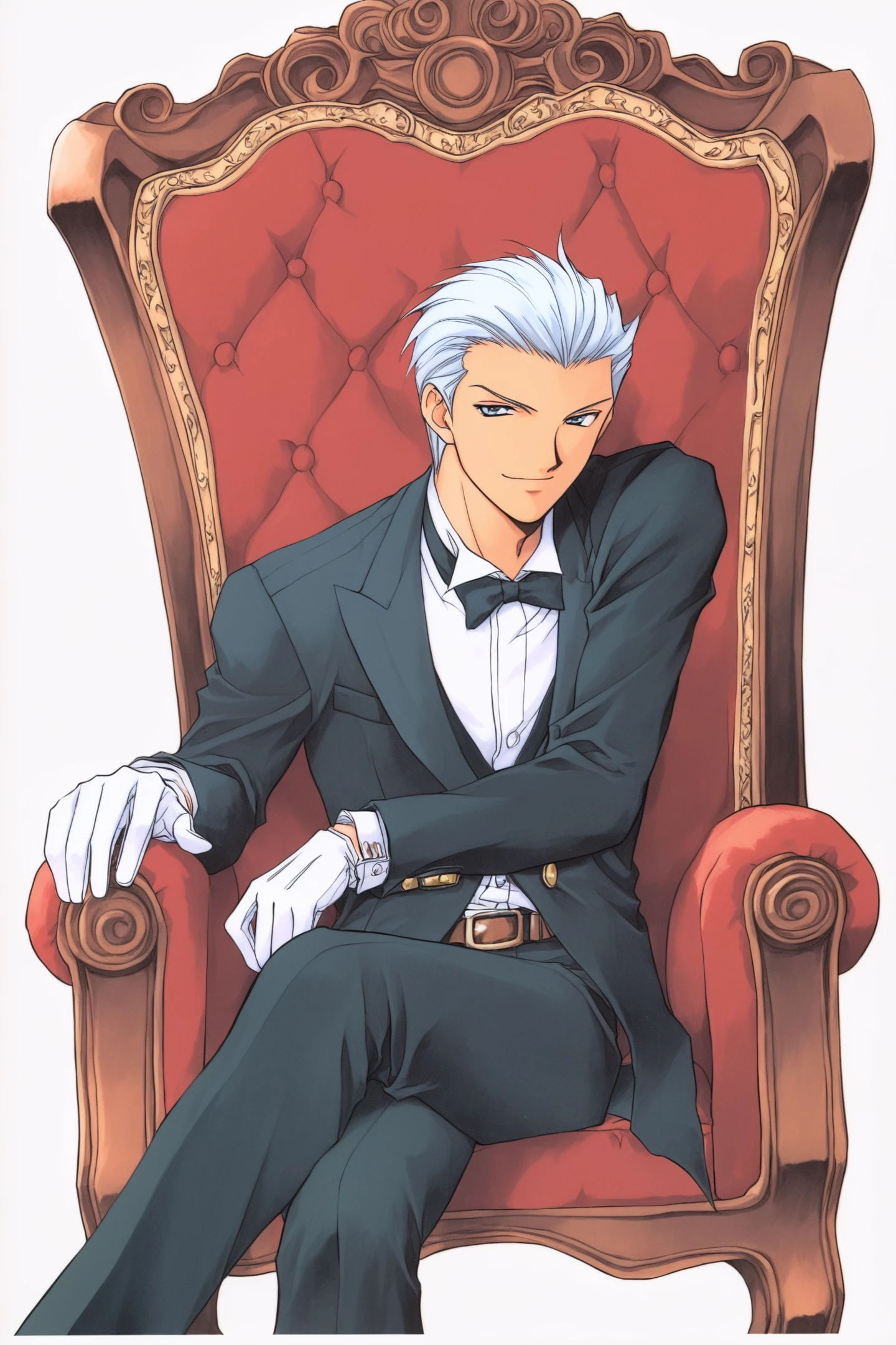 1boy,male focus,solo,gloves,sitting,white gloves,bow,chair,bowtie,white background,black pants,hair slicked back,black bow,pants,formal,simple background,shirt,grey hair,crossed legs,white hair,belt,smile,looking at viewer,
<lora:Yuuya Kusaka_illustriousXL:0.8>,