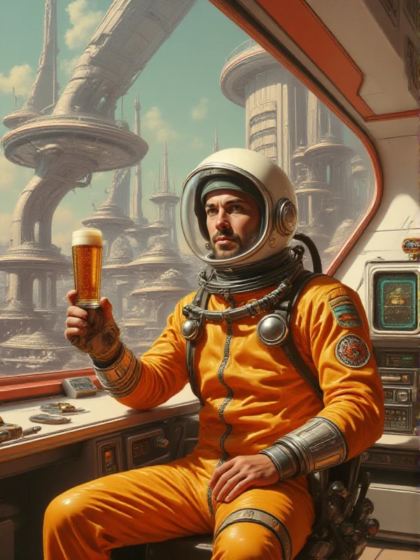 <lora:Retrofururism_Style:0.9> retrofururism style, scenery, science fiction, a man holds a beer wearing a space suit