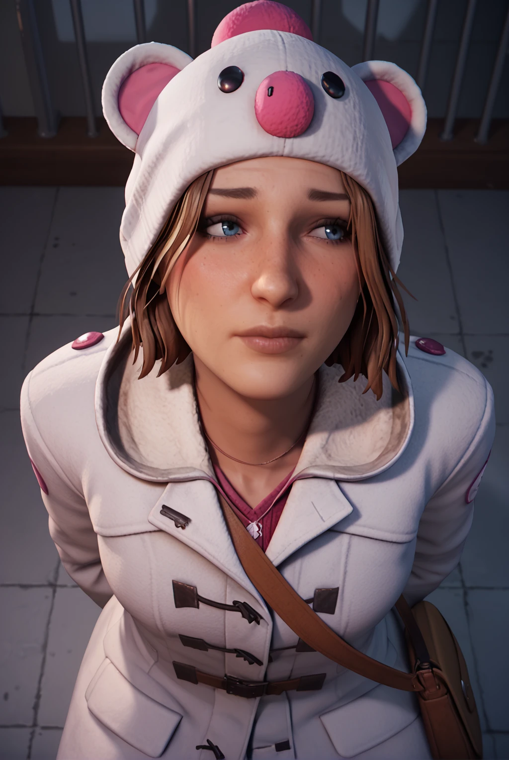 score_9, score_8_up, score_7_up, 1girl, max caulfield, short hair, blue eyes, brown hair, freckles, long sleeves, gloves, animal ears, fake animal ears, white headwear, hood down, red gloves, white coat, shoulder bag, winter clothes, animal hat, winter, pink gloves, hooded coat, winter coat, duffel coat, night, nervous, looks away, realistic, blush, sitting, from above, arms behind back, dark, abandoned hospital, floor, messy, dirt