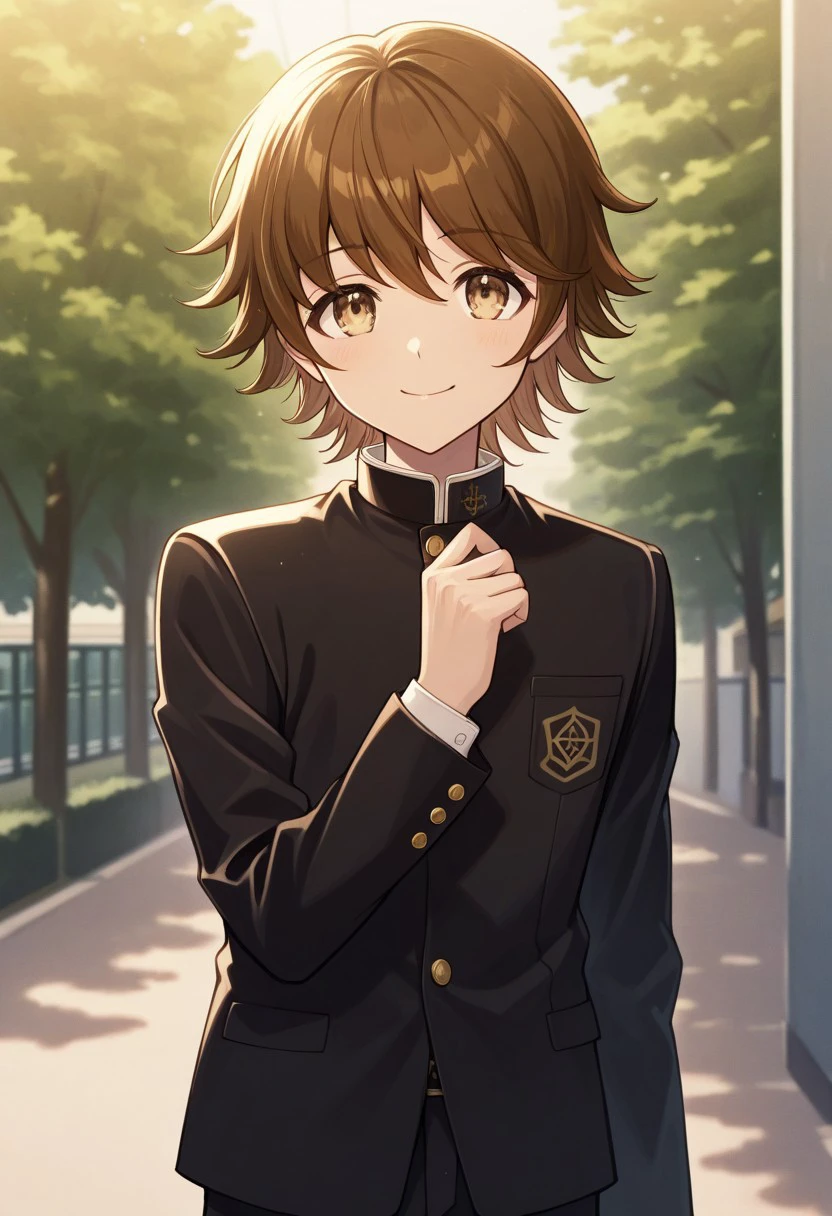 masterpiece, best quality, 
chihiro, 1boy, male focus, solo, brown eyes, brown hair, bangs, short hair, school uniform, gakuran, jacket, black jacket, long sleeves, smile
outdoor,