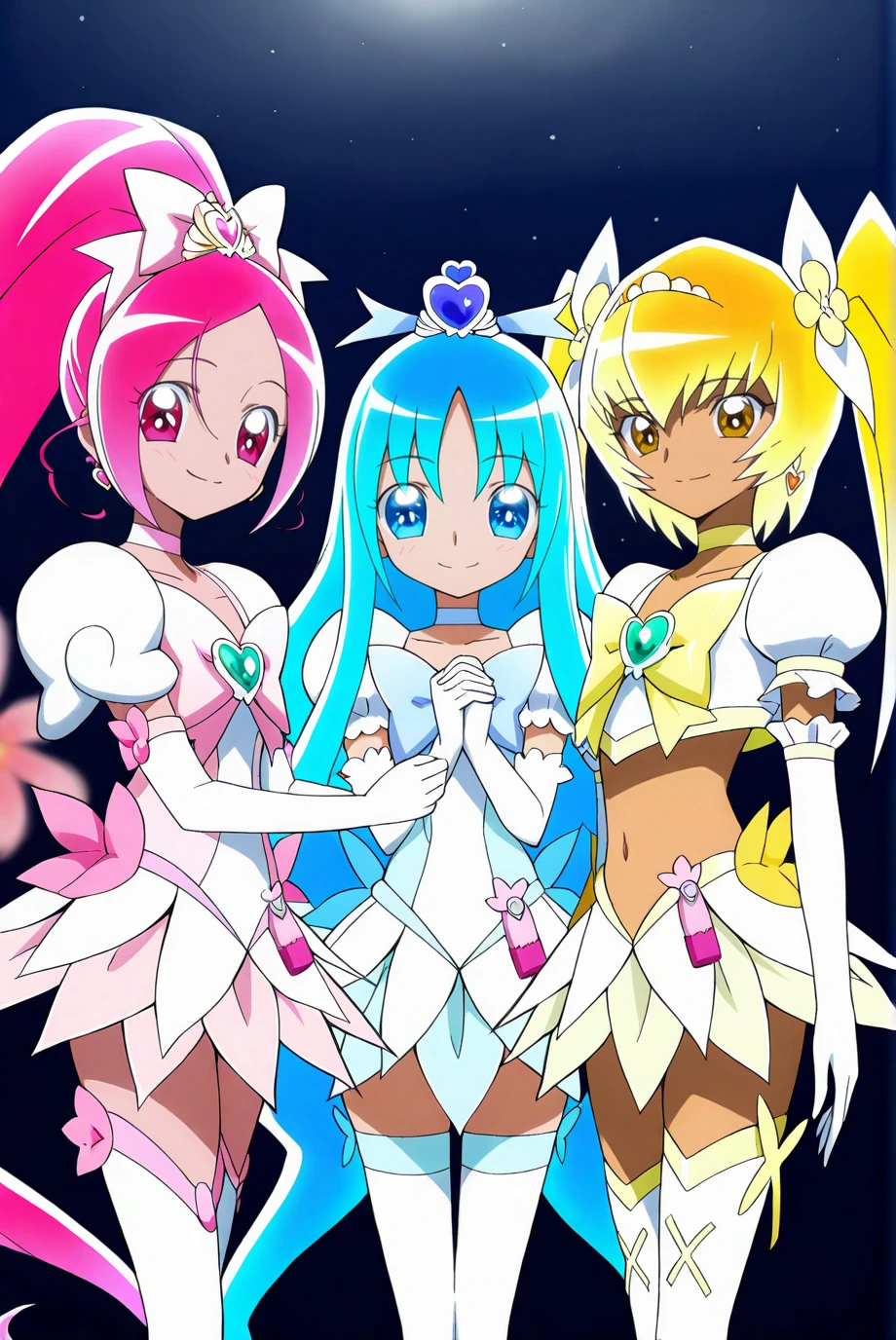 (3girls:1.6),
BREAK
smile,medium breasts,
looking_at_viewer,
BREAK
BREAK
BREAK
BREAK
BREAK
BREAK
BREAK anime coloring,
<lora:cure_heartcatch:1>,(marine,blue hair),(sunshine,twintails,blonde hair),(blossom,pink hair),hold together,