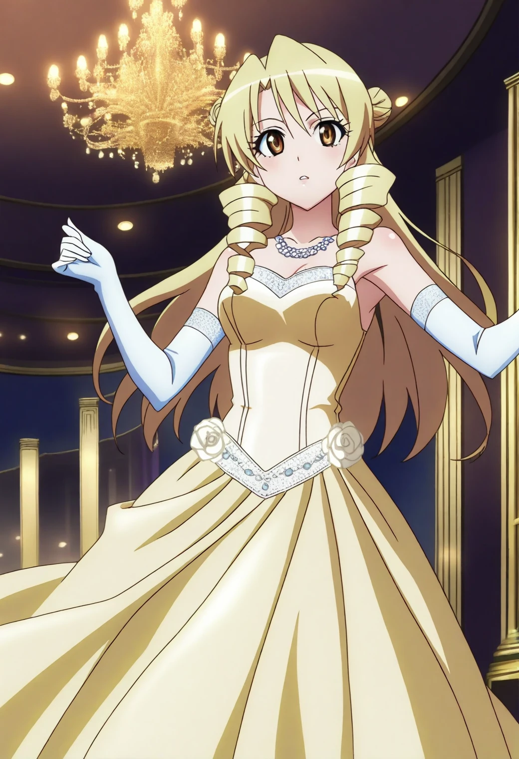 <lora:Saki Tenjouin - [To Love Ru] - illustriousXL v1:1>, sysdeep_saki, long hair, gold hair, twin drills, brown eyes, solo, long gloves, ballroom, spinning with partner, dazzling atmosphere