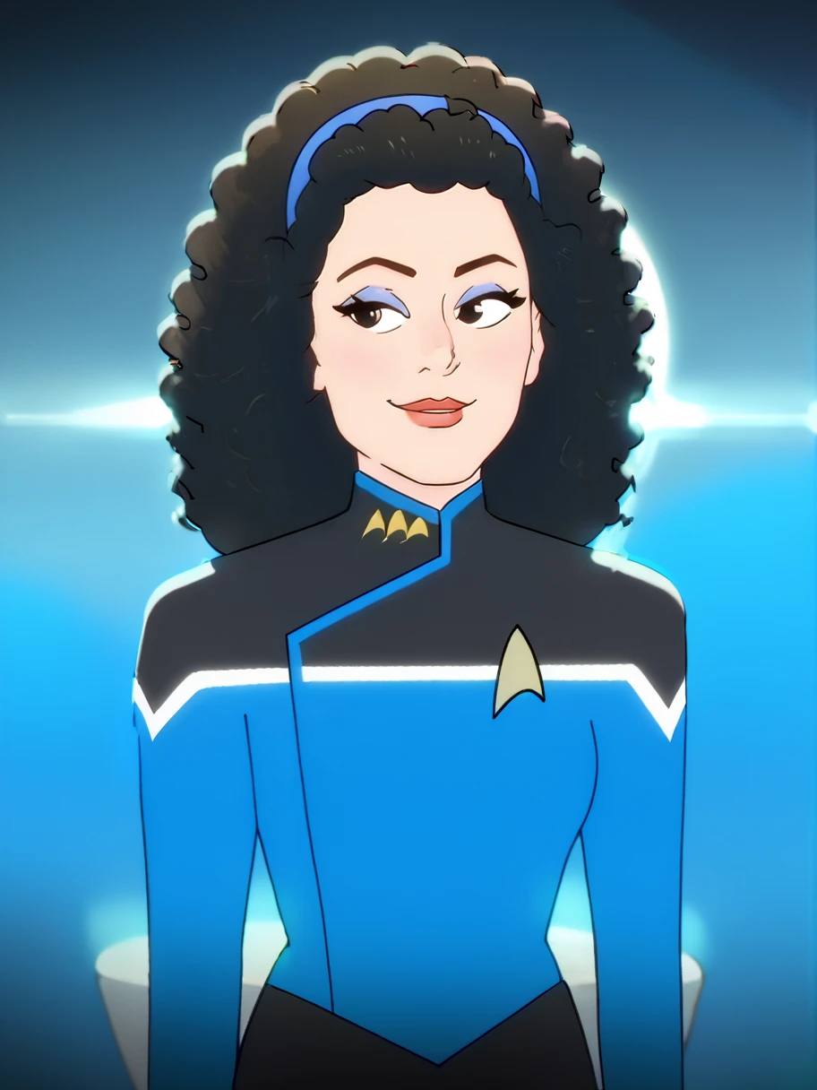 easynegative, zPDXL,  1girl, solo , cowboy shot, ,facing the viewer, happy, 
 <lora:Deanna_Troi_Comic_Pony:.5> troi, black hair, , curly hair, , lips, makeup  hairband, 
 <lora:STTLPony:1> sttldunf  star trek black and blue uniform,  black pants <lora:StarTrekPony:1>