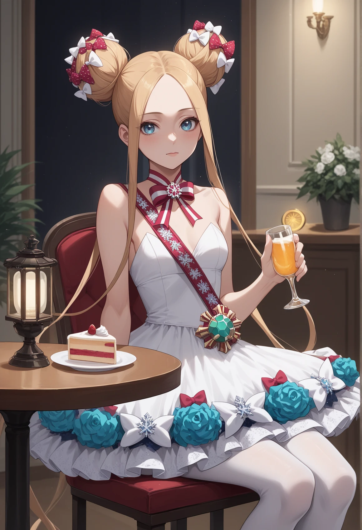 1girl, ballerina, absurdly long hair, hair bow, polka dot bow, white bow, red bow, double bun, blonde hair, blue eyes, parted bangs, forehead, neck ribbon, snowflake brooch, short dress, sash, lantern, tutu, white pantyhose, dress flower, indoors, sitting, table, chair, chirstmas cake, upper body, looking at viewer, holding drink <lora:Abigail_Williams_v2_pony:0.8>, score_9, score_8_up, score_7_up, score_6_up, score_5_up, score_4_up, BREAK source_anime, masterpiece