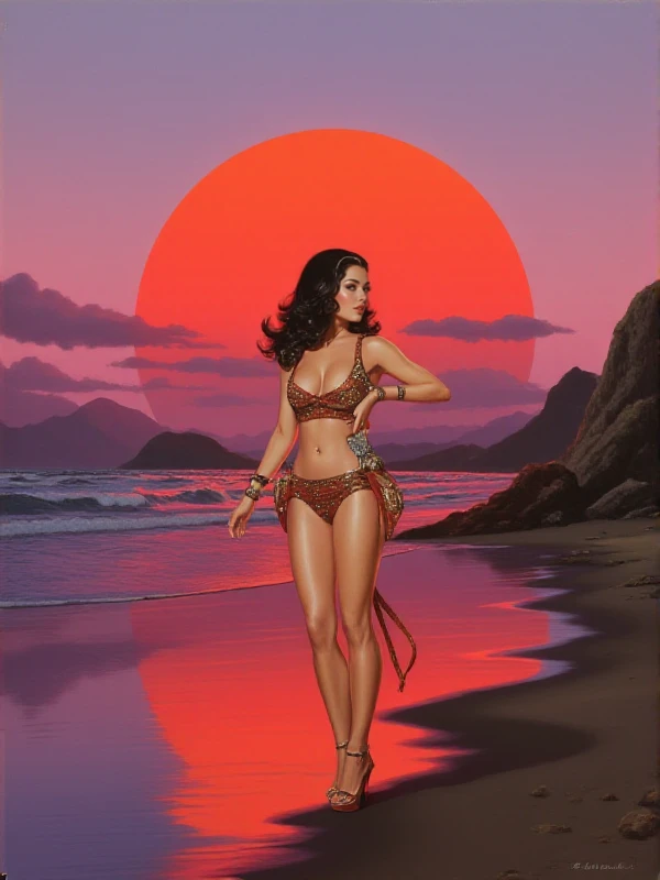 <lora:Retrofururism_Style:0.9> retrofururism style, scenery, science fiction, full body, a woman poses on a beach at sunset