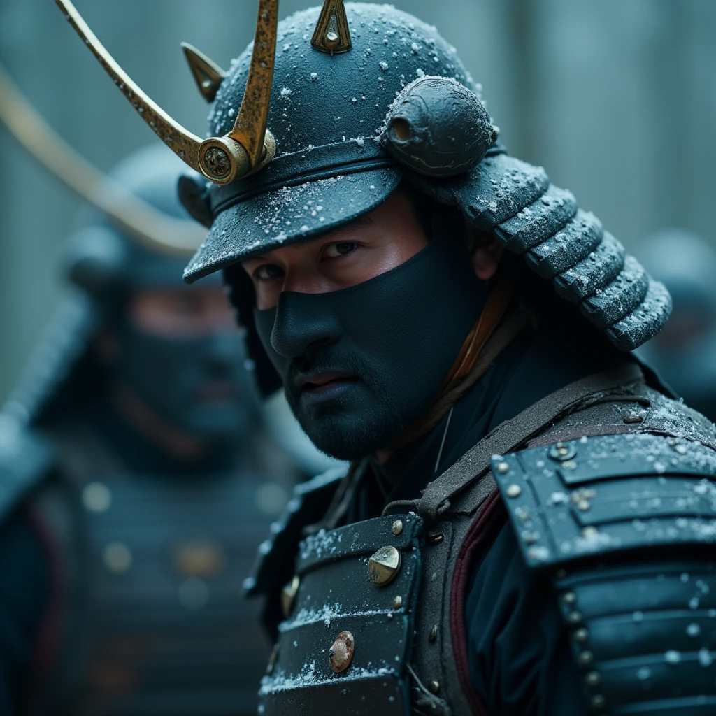 cinematic film still of <lora:Shogun style v1:0.5>
Shogun a man in a samurai costume with a helmet on, looking at viewer, upper body, male focus solo focus, armor, blurry, mask, depth of field, 3boys, helmet, shoulder armor, snowing, realistic, japanese armor, samurai, kabuto (helmet), Japanese culture, Samurai, armor, warrior, horror theme, Shogun style, outdoors, blurry background, facial hair, snow, sode, kote
, shallow depth of field, vignette, highly detailed, high budget, bokeh, cinemascope, moody, epic, gorgeous, film grain, grainy