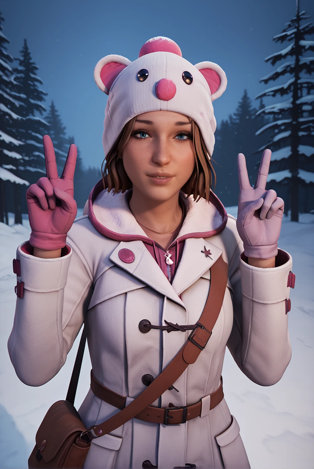 score_9, score_8_up, score_7_up, 1girl, max caulfield, short hair, blue eyes, brown hair, long sleeves, gloves, hat, animal ears, hood, fake animal ears, white headwear, hood down, snow, red gloves, forest, white coat, shoulder bag, realistic, winter clothes, purple gloves, animal hat, winter, pink gloves, bare tree, hooded coat, winter coat, duffel coat, night, looking at viewer, double v