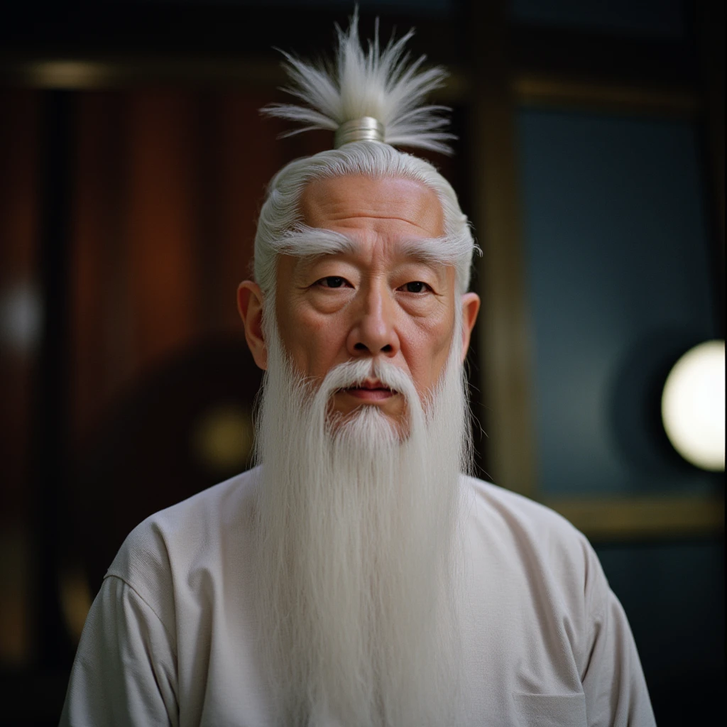 cinematic film still of  <lora:1990's style Kill Bill v1-step00001800:0.8>
In the 1990's Cinematic film image of Pai Mei a Asian old man with a white beard and a white wig, solo, hair ornament, 1boy, white hair, male focus, facial hair, thick eyebrows, portrait, beard, realistic, mustache, manly, old, old man, Kodak film grain, dramatic light, dramatic shadow light, contrast, saturated color, cinematic, filmic, motion picture, realistic, realism, perfection, perfect, deep focus, clean image, Kill Bill style, Kill Bill Film Style, hair stick, shallow depth of field, vignette, highly detailed, high budget, bokeh, cinemascope, moody, epic, gorgeous, film grain, grainy