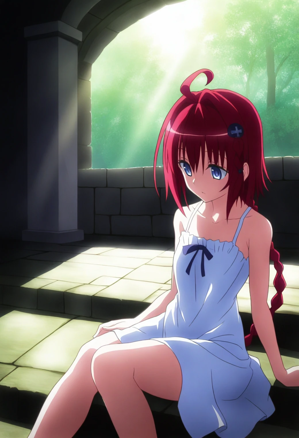 <lora:Mea Kurosaki - [To Love Ru] - illustriousXL v1:1>, sysdeep_mea, red hair, blue eyes, long hair, single braid, solo, Mediterranean courtyard, sundress, sitting on steps, warm sunlight