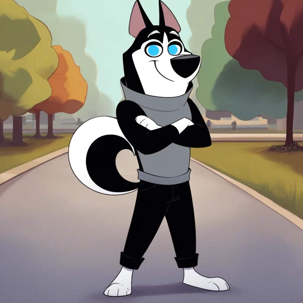 score_9, score_8_up, score_8, score_7, source_cartoon, Hansel(101), solo, 1boy, anthro, male furry, dog, dog boy, Siberian husky, black and white fur, curved tail, pointed ears, blue eyes, black nose, full body, looking at viewer, standing, grey turtleneck sweater, black pants, arms crossed, eyes half closed, smiling, park setting,