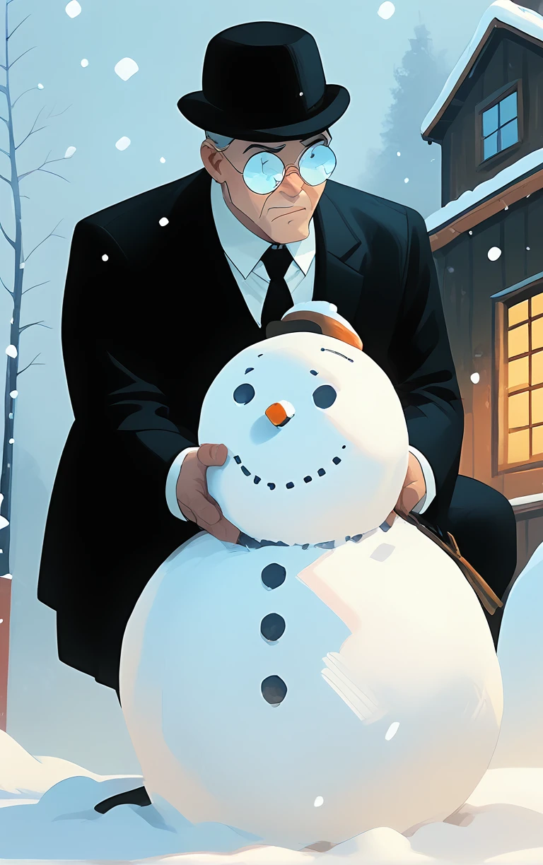 1boy, solo, ccbtas, round eyewear, opaque glasses, black suit, sn0wm4n, snowman, derby hat, winter village scene, snowing, <lora:Clock_King_-_Batman_Animated_v1:0.8>, <lora:build_a_snowman_concept_v1:0.9>, score_9, score_8_up, score_7_up, score_6_up, score_5_up, score_4_up,