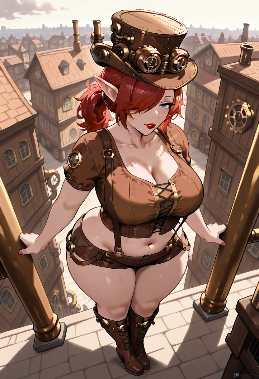 1girl, solo, (Mature Human Female: 1.3), (Long Red Hair Over One eye in ponytail: 1.5), (blue Eyes: 1.3), (Thicc Thighs: 0.7), (Thicc Calves: 0.7), (Big Ass: 0.7), (Slightly Plump: 0.7), tall, Curvy, (Red Lipstick: 1.3), (Large breasts: 1.3), (Steampunk Outfit, top hat, cross-laced footwear, Suspenders, Steampunk Outfit midriff shirt, knee boots: 1.3), (Standing on a rooftop overlooking a steampunk city: 1.3), (View From Front: 1.7), Full Body Shot: 1.3, Eyes half open, winking at viewer, biting bottom lip: 1.3, Soft Lighting, masterpiece, best quality, (absurdres), very aesthetic, extremely detailed, ray tracing, RTX, high saturation, high contrast, photon mapping, (sharp image), (best quality), (detailed background), (intricate details)   <lora:StS-Illustrious-Detail-Slider-v1.0:3> <lora:Earthbound_-_Steampunk_Outfit_-_IllustriousXL:1>