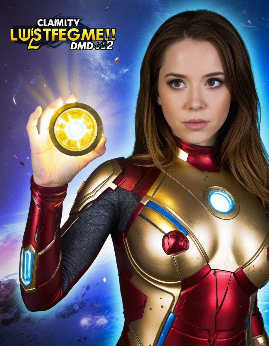 Logo with stylized bold letters that reads "LUSTIFY! Endgame DMD2" in the foreground as the main focus. A beautiful young woman with medium brown hair wearing Iron Man suit. Intense and focused facial expression. Her right hand is raised, holding a glowing, multi-colored Infinity Stone, which emits a bright yellow light. The suit is heavily damaged, with visible cracks.