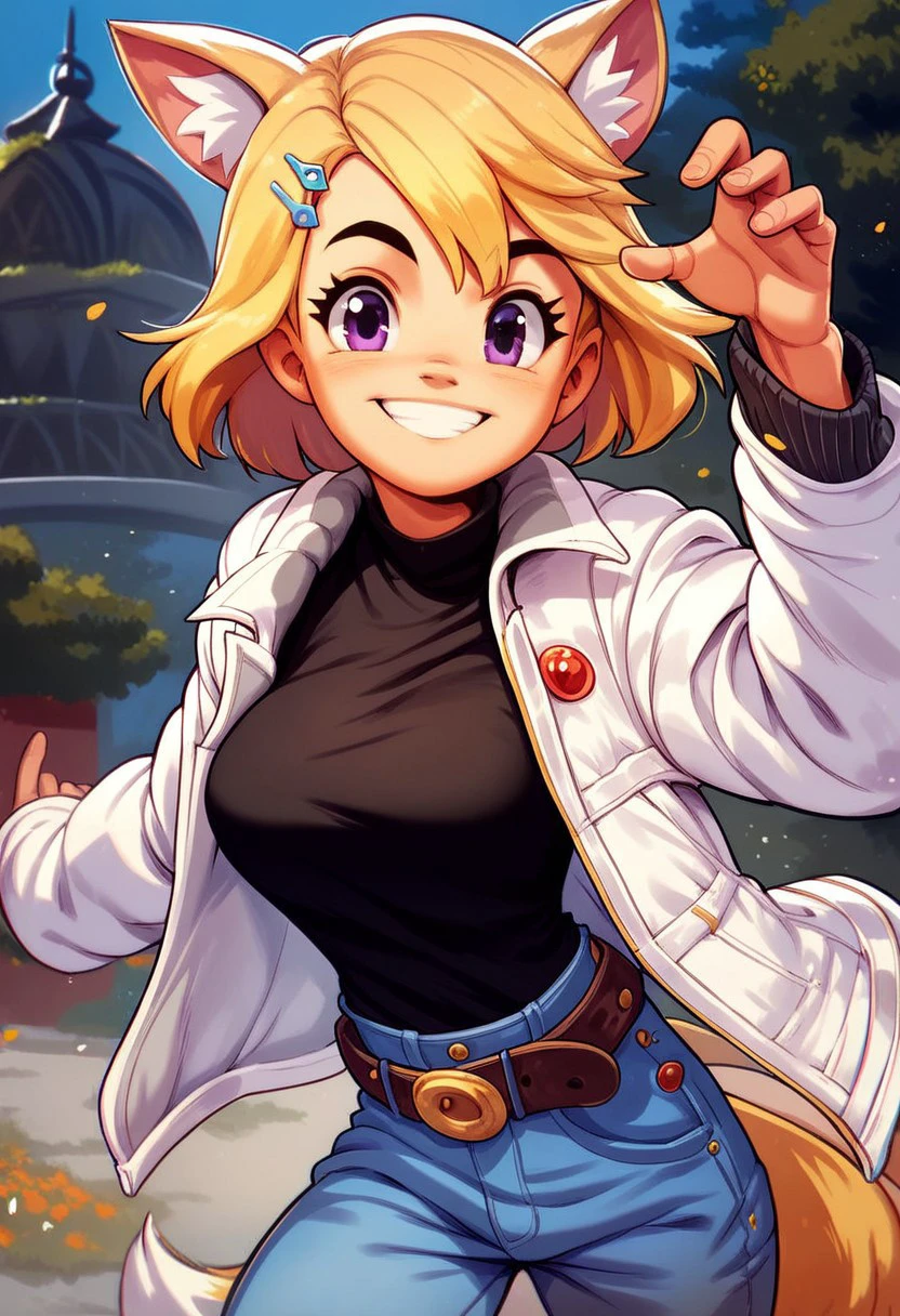 CuteCartoonStyle
, score_9, score_8_up, score_7_up, solo, 1girl, outdoors, looking at viewer, purple eyes, animal ears, animal ear fluff, blonde hair, hair ornament, hairclip, large breasts, tail, jacket, white jacket, long sleeves, open clothes, open jacket, shirt, black shirt, jewelry, belt, dynamic pose, smile