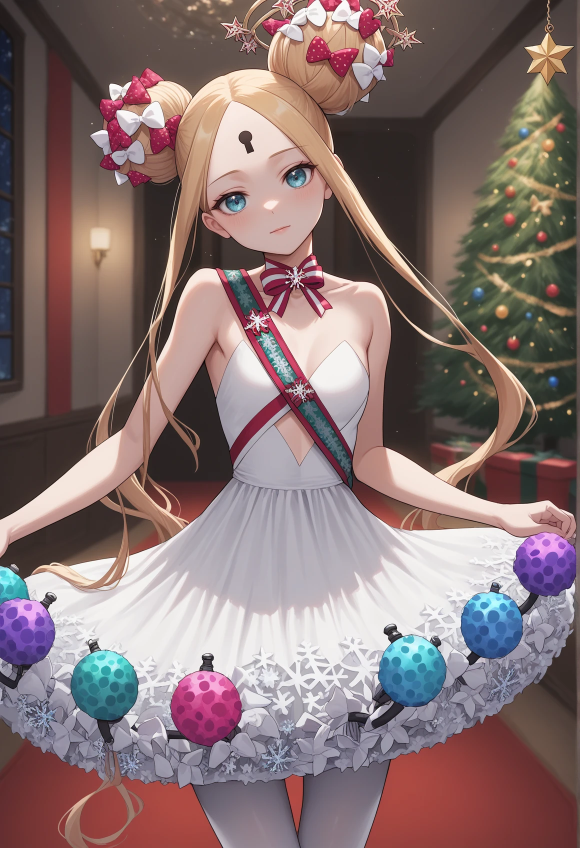 1girl, ballerina, absurdly long hair, hair bow, polka dot bow, white bow, red bow, double bun, blonde hair, blue eyes, parted bangs, forehead, neck ribbon, snowflake brooch, short dress, sash, lantern, tutu, white pantyhose, dress flower, indoors, christmas tree, looking at viewer, head tilt <lora:Abigail_Williams_v2_pony:1>, score_9, score_8_up, score_7_up, score_6_up, score_5_up, score_4_up, BREAK source_anime, masterpiece
