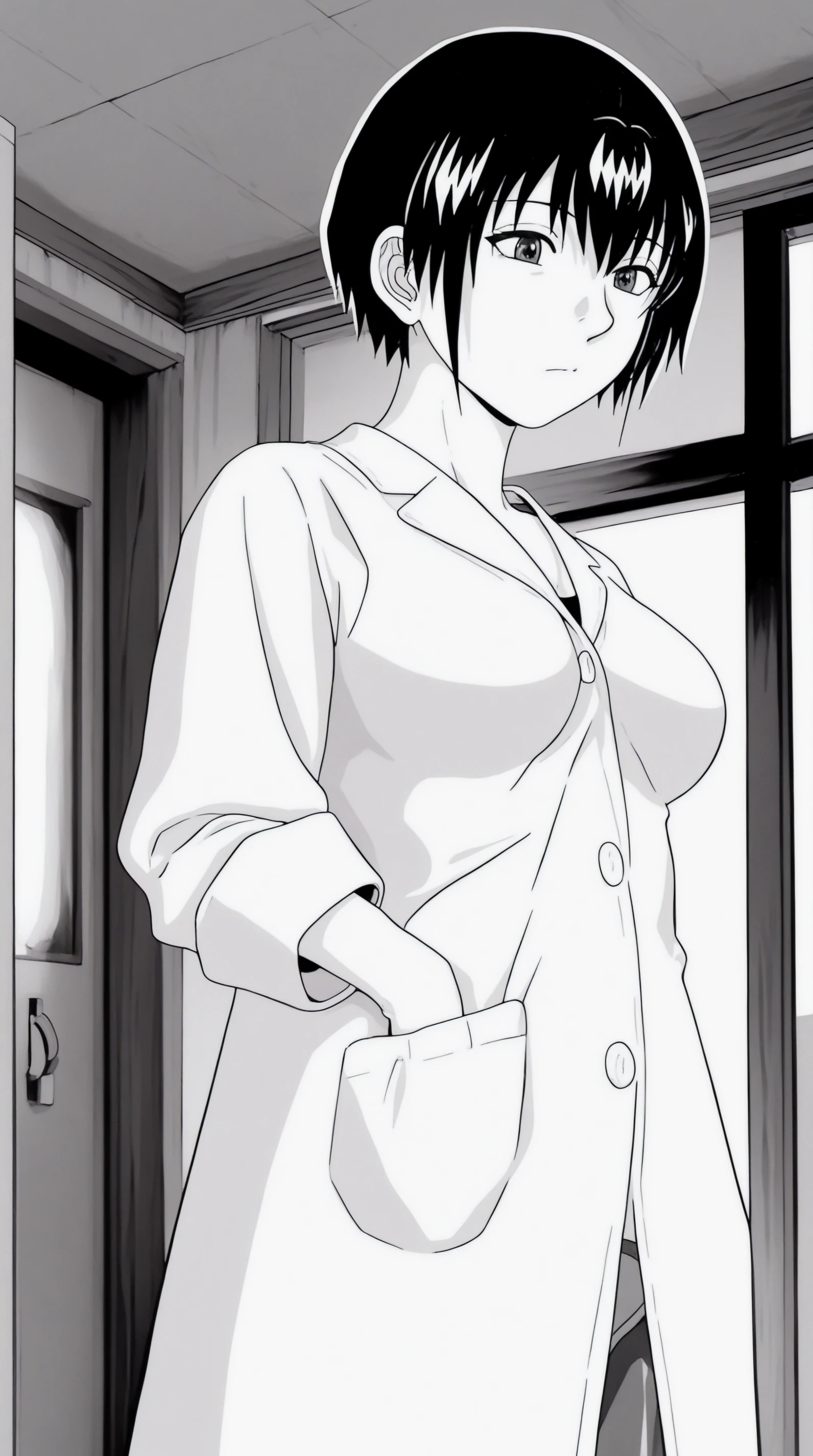 masterpiece, best quality, indoors, cinematic lighting, amazing quality, very aesthetic, absurdres, best quality, newest, year 2023, manga, monochrome, greyscale Kaguya Shuzuku, Closed labcoat, solo, standing, underwear, hand in pocket, indoors, <lora:JN_Kaguya_Shuzuku_Illus:0.8>