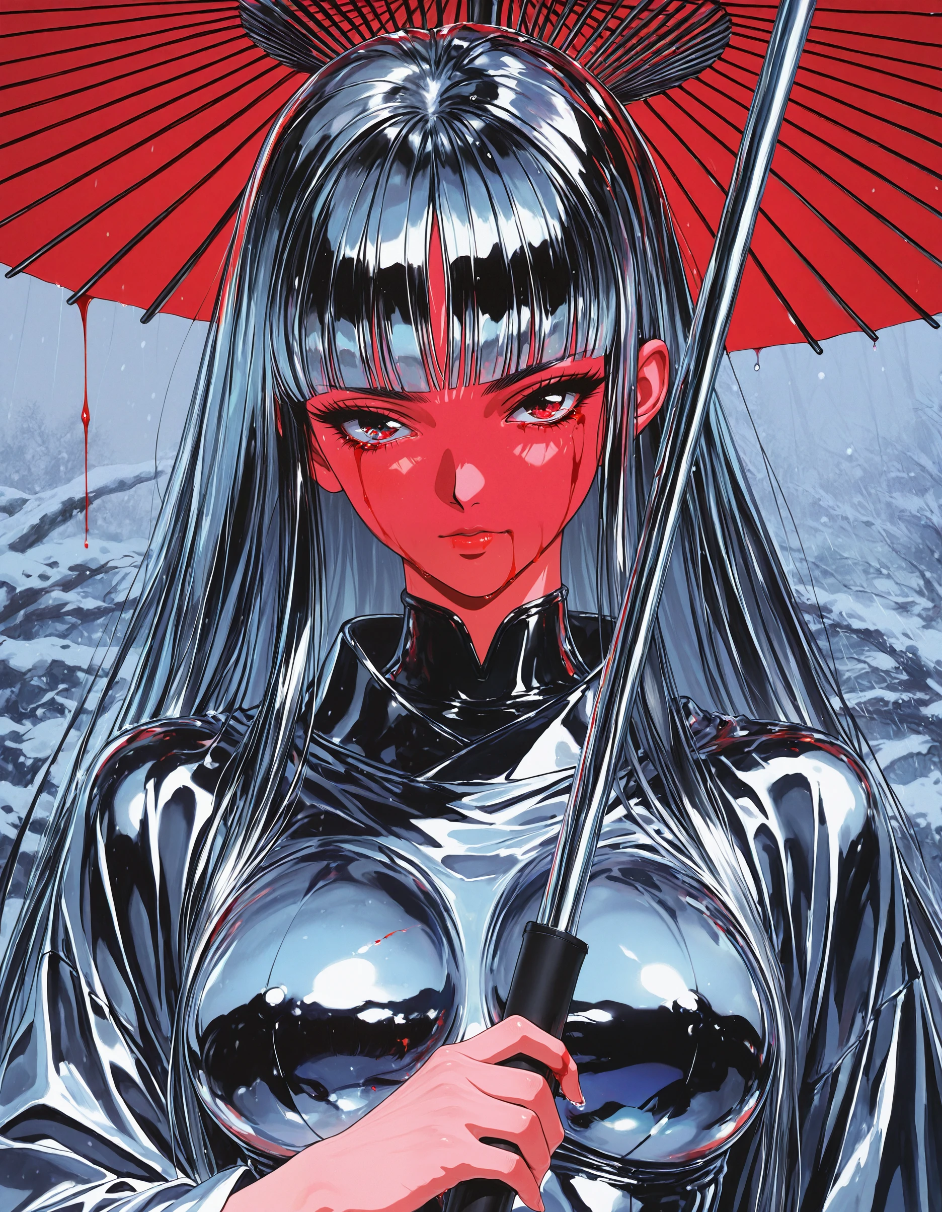 masterpiece, best quality, amazing quality,  <lora:Chromecore_illu:1>,Chrome_core_illu, reflection, gun, blood, portrait, solo, holding umbrella, very long hair, blunt bangs, 1990s (style), robe, skin tight