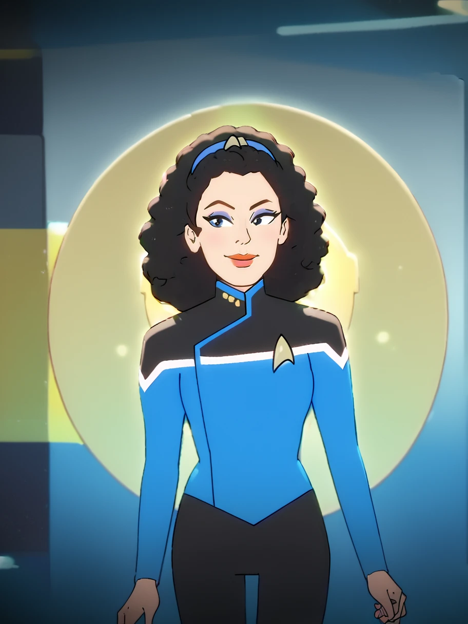 easynegative, zPDXL,  1girl, solo , cowboy shot, ,facing the viewer, happy, 
 <lora:Deanna_Troi_Comic_Pony:.5> troi, black hair, , curly hair, , lips, makeup  hairband, 
 <lora:STTLPony:1> sttldunf  star trek black and blue uniform,  black pants <lora:StarTrekPony:1>