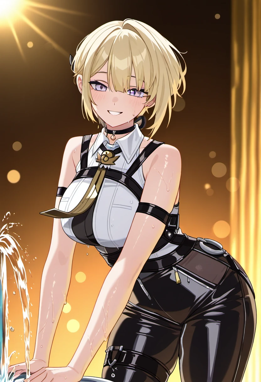 1girl, solo, evelyn chevalier, purple eyes, blonde hair, short hair, 
collared shirt, white shirt, bare shoulders, yellow jewelry, necktie, high-waist pants, arm strap, chest harness, thigh strap,
wide_smile, hands_outstretched, fountain_background, water_droplets, sunset_lighting, arched_pose, leaning_forward, playful_expression, soft_shading, blush, sparkling_background, half-closed_eyes, side_view, bokeh_effect, hair_in_motion, dramatic_lighting, youthful_energy, suggestive
, wet skin, oily skin, sweat, panting, masterpiece, absurdes, <lora:Character_Evelyn Chevalier:1>