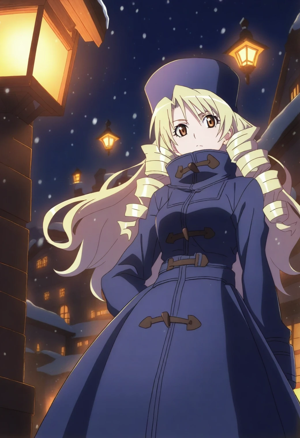 <lora:Saki Tenjouin - [To Love Ru] - illustriousXL v1:1>, sysdeep_saki, long hair, gold hair, twin drills, brown eyes, solo, high collar jacket, snowy village, standing in lantern light, mysterious aura