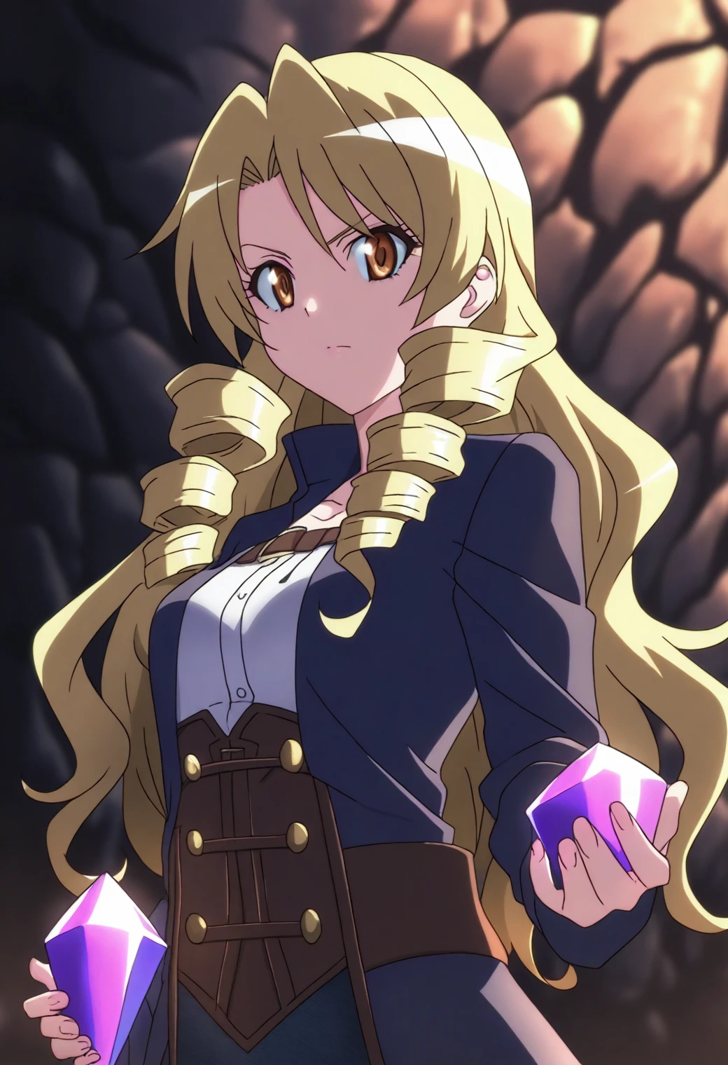 <lora:Saki Tenjouin - [To Love Ru] - illustriousXL v1:1>, sysdeep_saki, long hair, gold hair, twin drills, brown eyes, solo, leather corset, dark cave, inspecting glowing crystals, focused look