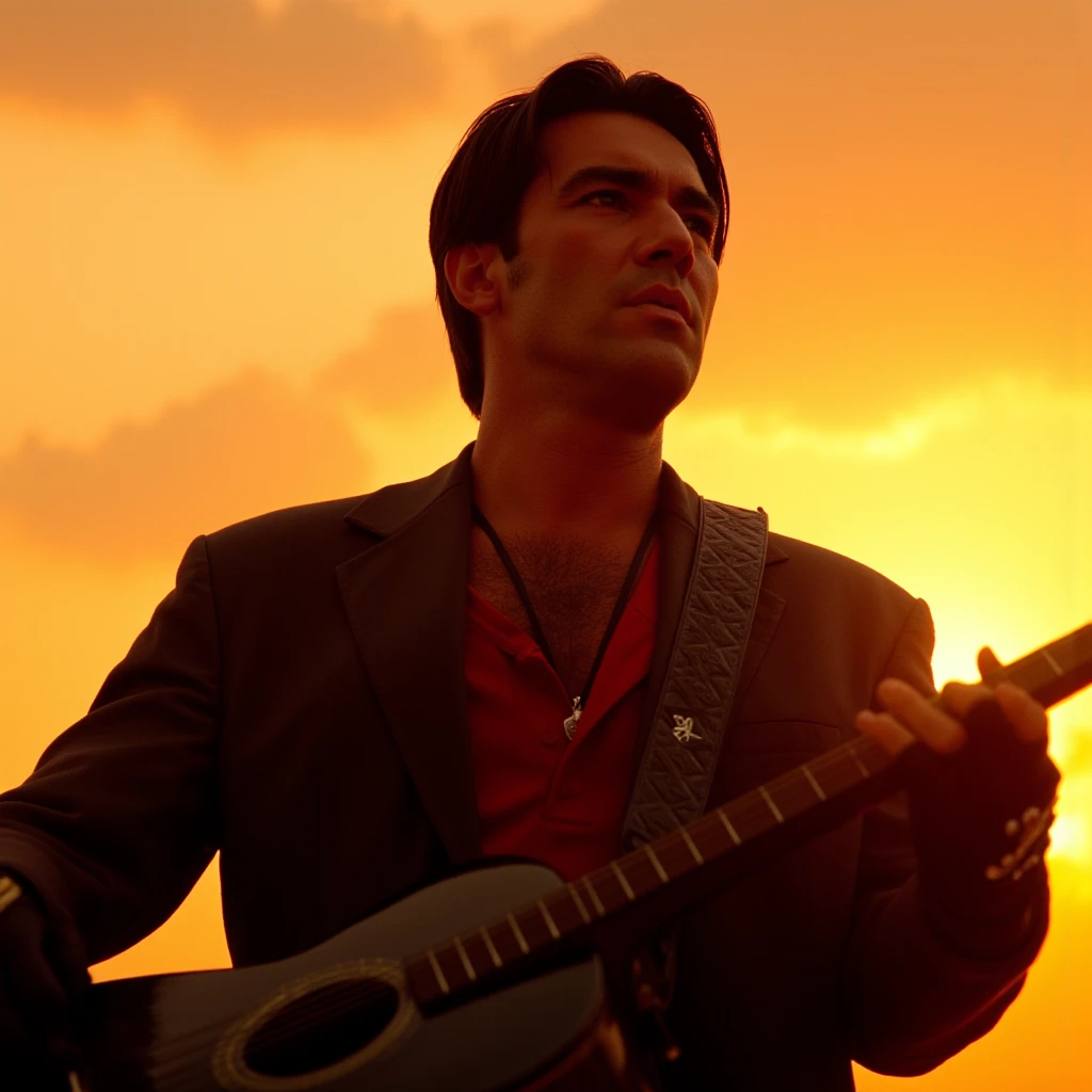 Hyperrealistic art of  <lora:1990's El mariachi Triology v1:0.9>
In 1990's action film style In 1990's action film style In the United Mexican States Antonio Banderas as "El Mariachi" a man holding a guitar in front of a sunset, solo, black hair, gloves, 1boy, jewelry, closed eyes, male focus, fingerless gloves, necklace, profile, instrument, realistic, music, guitar, playing instrument, holding instrument, cinematic, film, kodak, Rodriguez's Mexico Trilogy film style, short hair, holding, outdoors, sky, sunset, Extremely high-resolution details, photographic, realism pushed to extreme, fine texture, incredibly lifelike