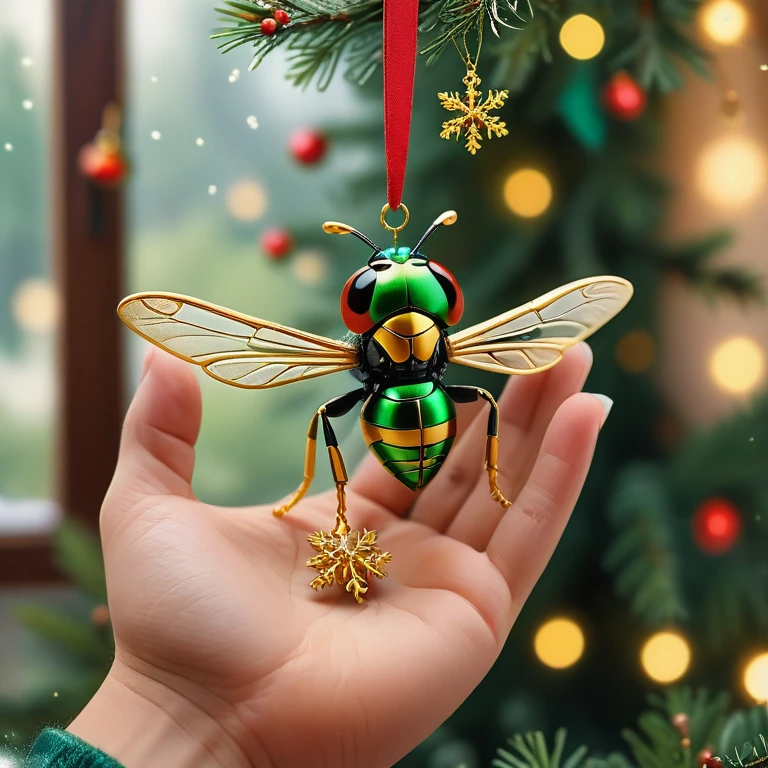 A person delicately holds a (christmas ornament shaped like a BugXmas wasp) in their hands.
Their hands are open and carefully cradling the (christmas ornament shaped like a BugXmas wasp), highlighting a sense of wonder and care.
BugXmas is decorated with small, colorful snowflakes and placed on a Christmas tree, including BugXmas golden and green BugXmas.
The background shows a cozy, softly lit room with a window displaying a blurred, wintry outdoor scene. The overall style is hyper-realistic with a warm, festive atmosphere.
<lora:BugXmas:0.65> <lora:MJ52:0.625> <lora:SDXLFaeTastic2400:0.625> <lora:LCMV2-PONYplus-PAseer:1.05>