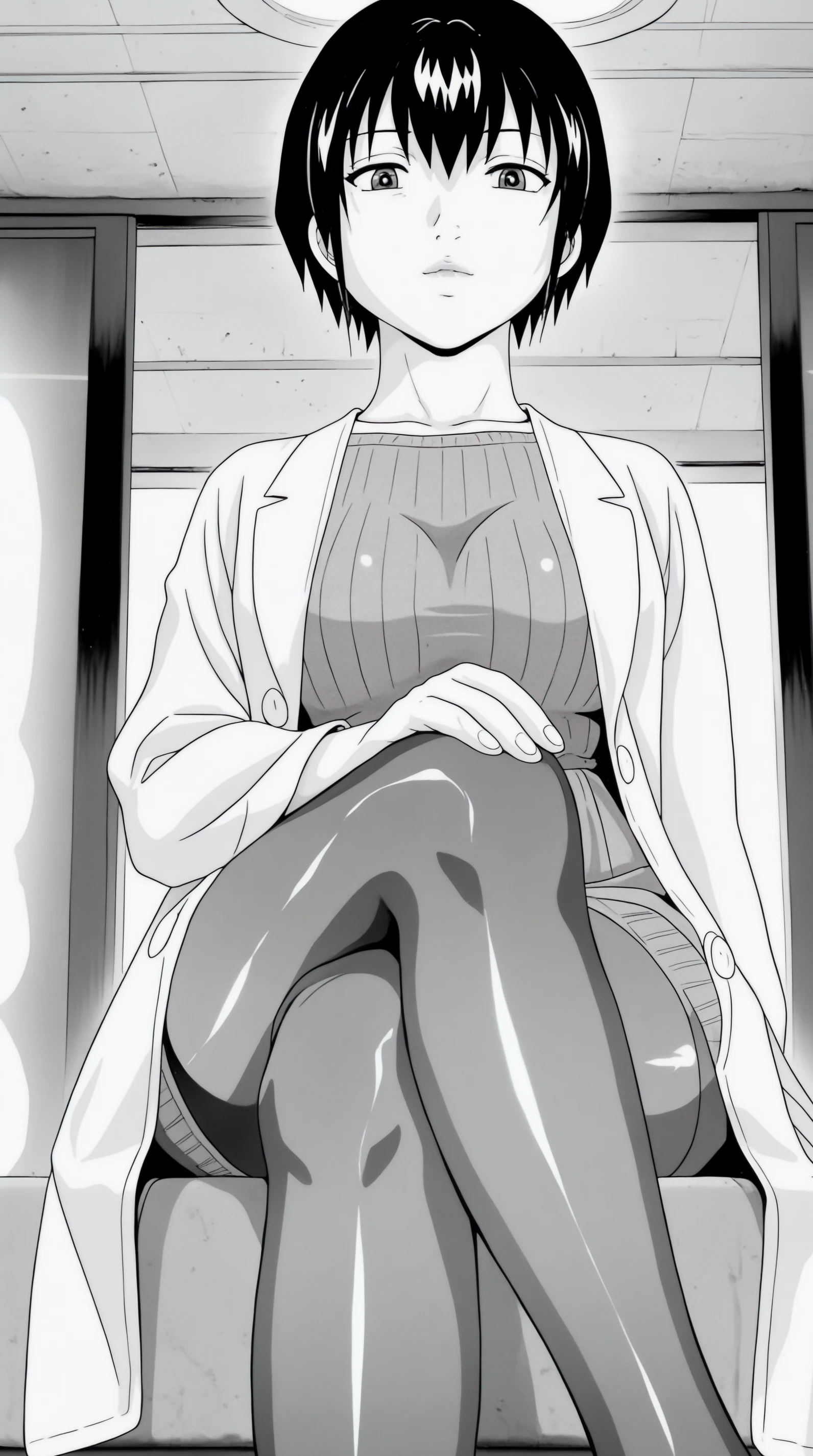 masterpiece, best quality, indoors, cinematic lighting, amazing quality, very aesthetic, absurdres, best quality, newest, year 2023, manga, monochrome, greyscale kaguya shuzuku, Labcoat Dress, solo, looking at viewer, sitting, crossed legs, <lora:JN_Kaguya_Shuzuku_Illus:0.8>