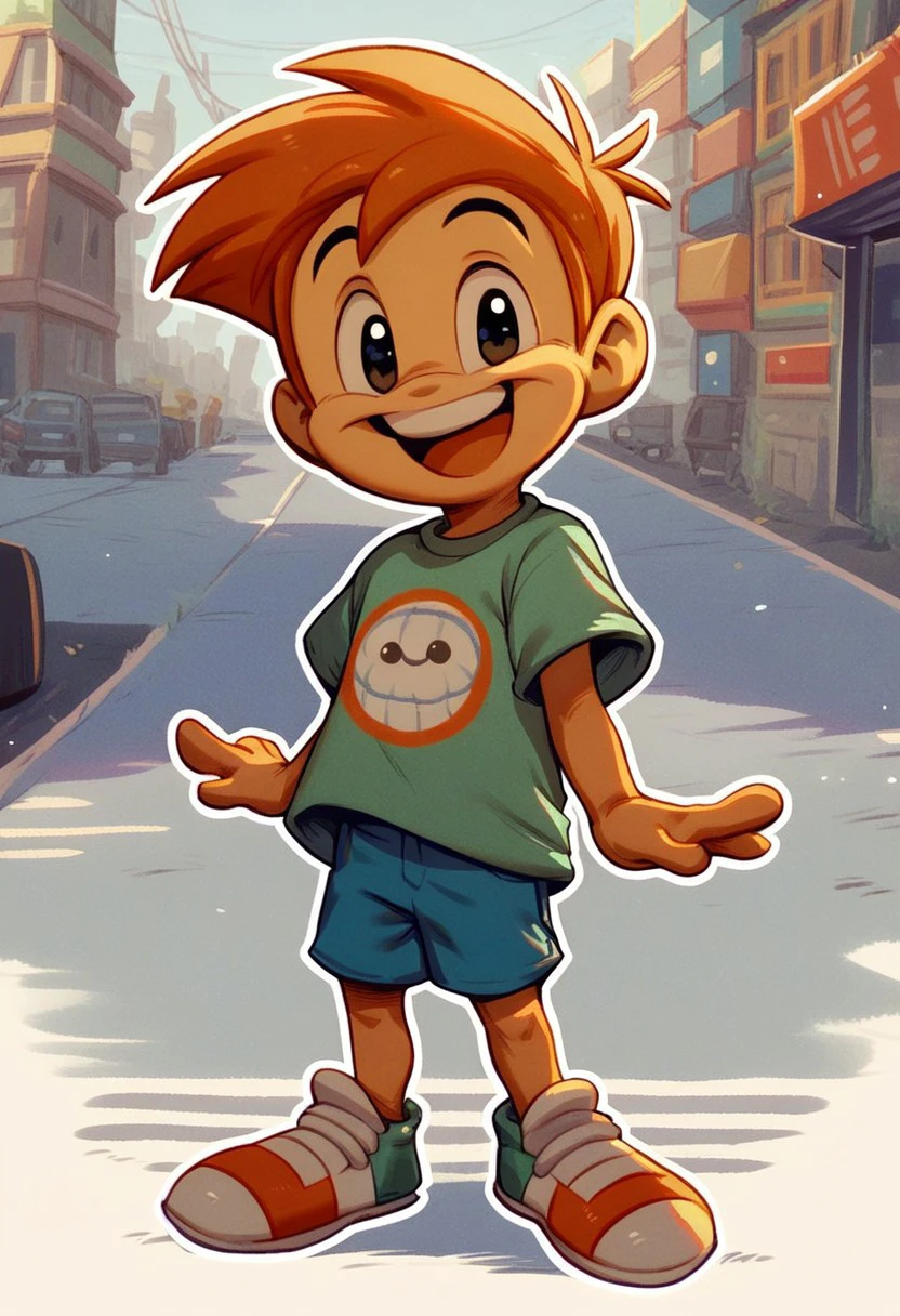 CuteCartoonStyle
, score_9, score_8_up, score_7_up, 1boy, solo, cute, happy, smiling, white outline,  standing, full-length portrait, city background, short hair, eyes, shorts, shirt, shoes, street background