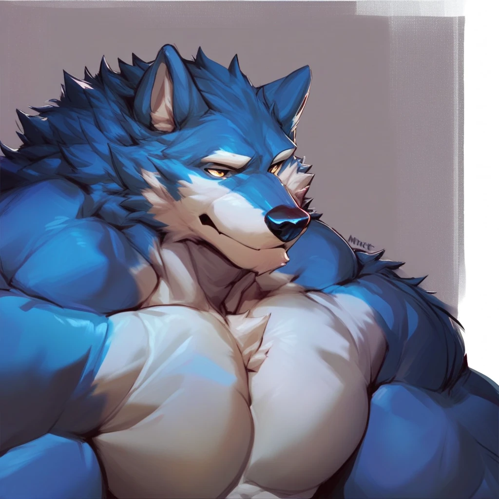 source_furry, score_9, score_8_up, score_7_up, 1boy, solo, portrait, marvolkart, wolf, blue fur, furry, anthro, muscles, muscular, bodybuilder,