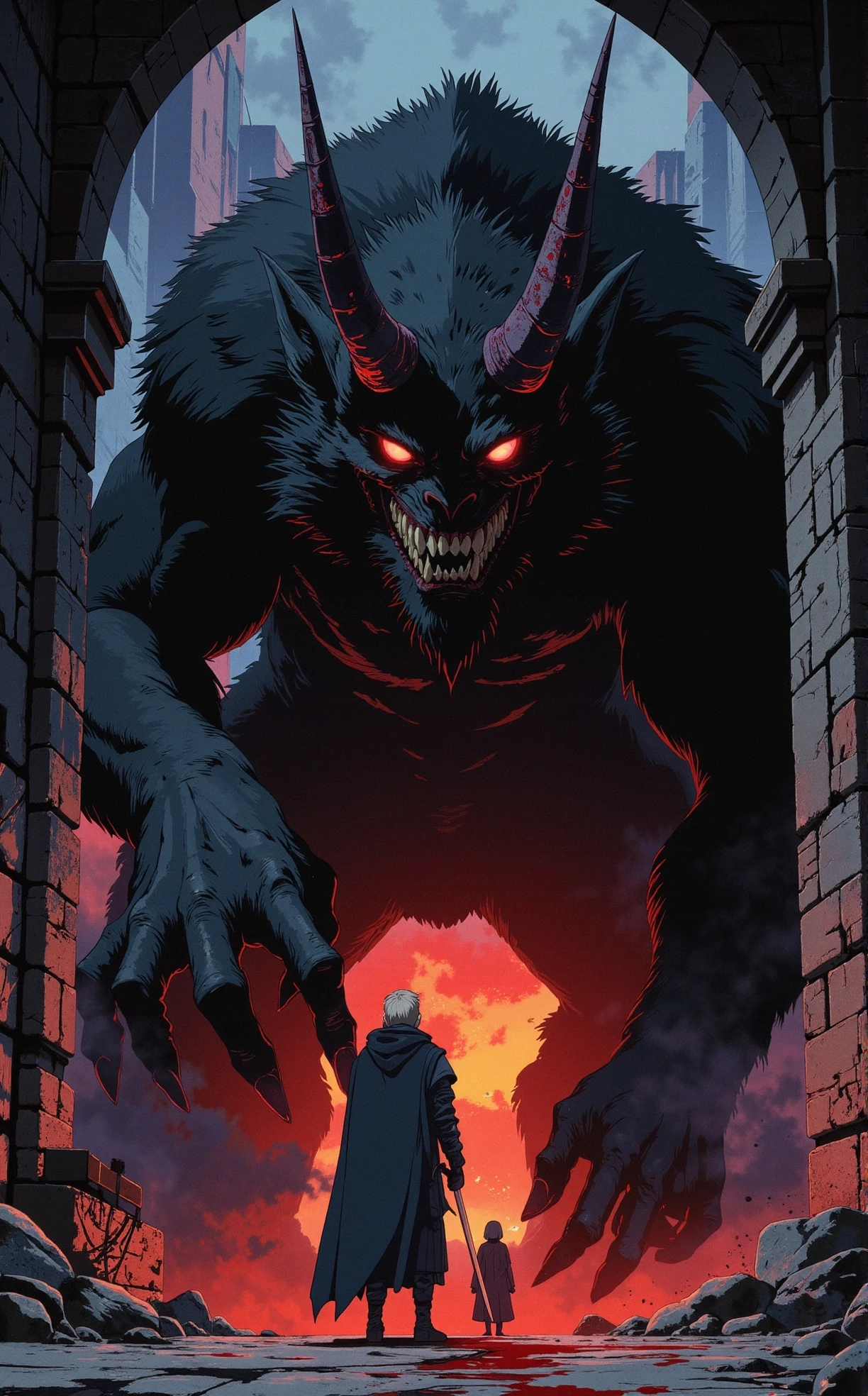 anime, retro, Off-center composition, profile view, dynamic pose, The image is a digital illustration of a dark and eerie scene. In the center of the image, there is a large, dark creature with sharp, pointed horns protruding from its head. The creature appears to be a demon or a monster, with a menacing expression. The horns are covered in blood and grime, and the creature's body is covered in a thick layer of dark fur. In front of the creature, there are two figures, one of whom is holding a sword, facing away from the viewer. The figure on the left is wearing a long, dark cloak and has a determined expression on their face. The background is a stone wall, and there is blood splattered on the ground in front of them. The overall mood of the illustration is dark and foreboding., dark and dim light, anime artwork comic digital art by Greg Rutkowski, anime art by Kazuki Takamatsu, , Depth mapping, contemporary surrealism, dark, fantasy illustration, moody atmospheres, cinematic, dramatic lighting, epic scenes . graphic illustration, comic art, graphic novel art, vibrant, highly detailed . anime style, key visual, vibrant, studio anime, highly detailed
