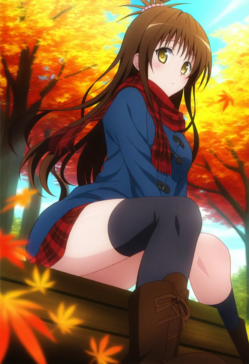 <lora:Mikan Yuuki - [To Love Ru] - illustriousXL v1:1>, sysdeep_mikan, borwn hair, yellow eyes, solo, Autumn forest, plaid scarf, boots, colorful leaves falling around