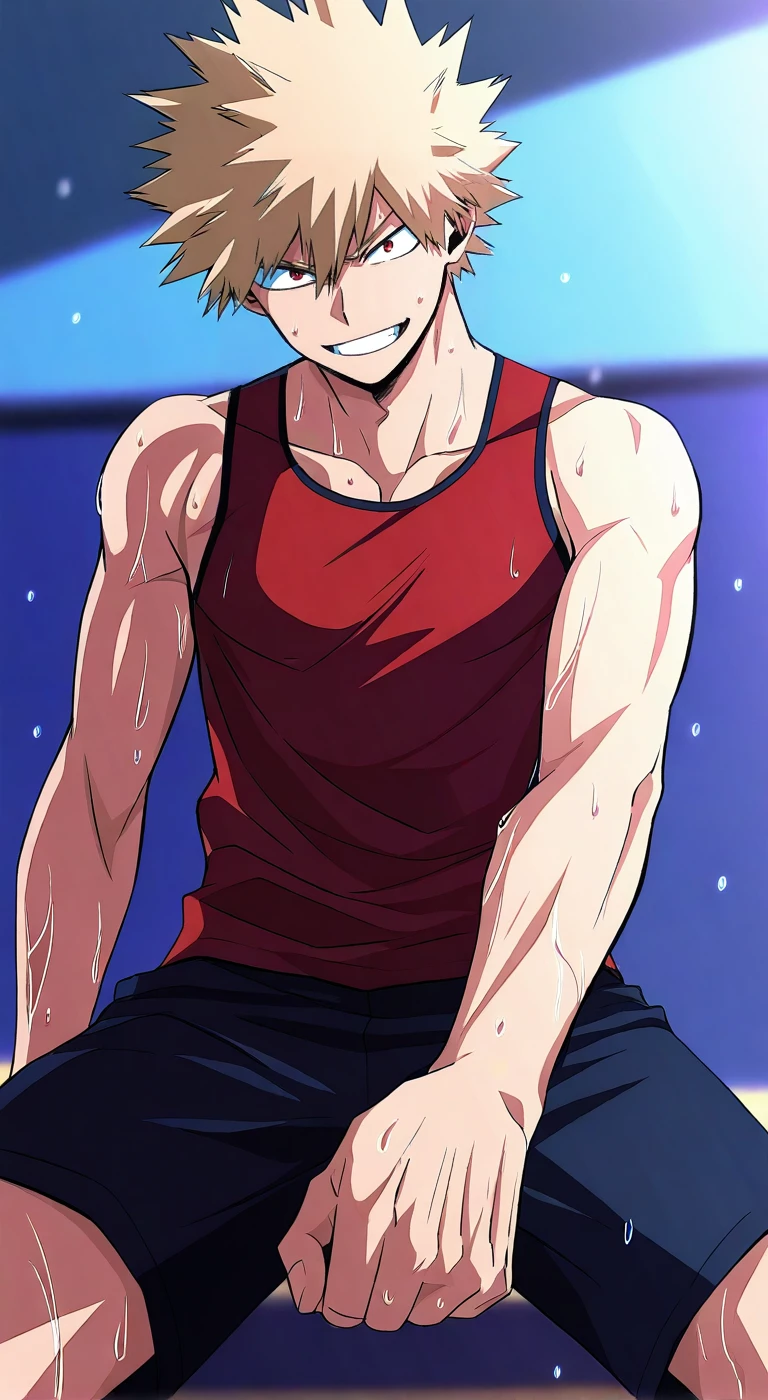 score_9, score_8_up, score_7_up, source_anime, highres, (masterpiece, best quality, (anime, anime coloring:1.3),1boy,solo,male focus,bakugou,blonde hair,spiked hair,short hair,red eyes,smile,red tank top,black shorts sweaty,gym,training