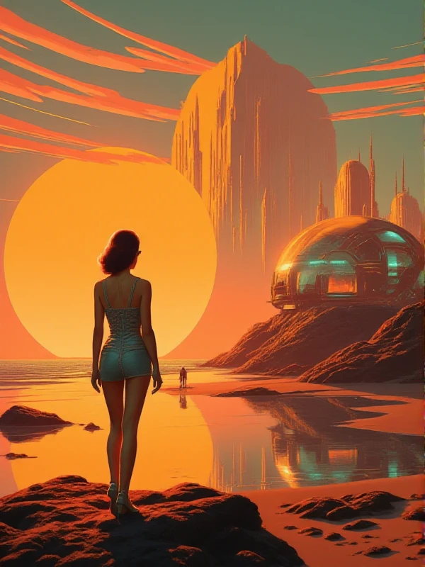 <lora:Retrofururism_Style:0.9> retrofururism style, scenery, science fiction, full body, a woman poses on a beach at sunset